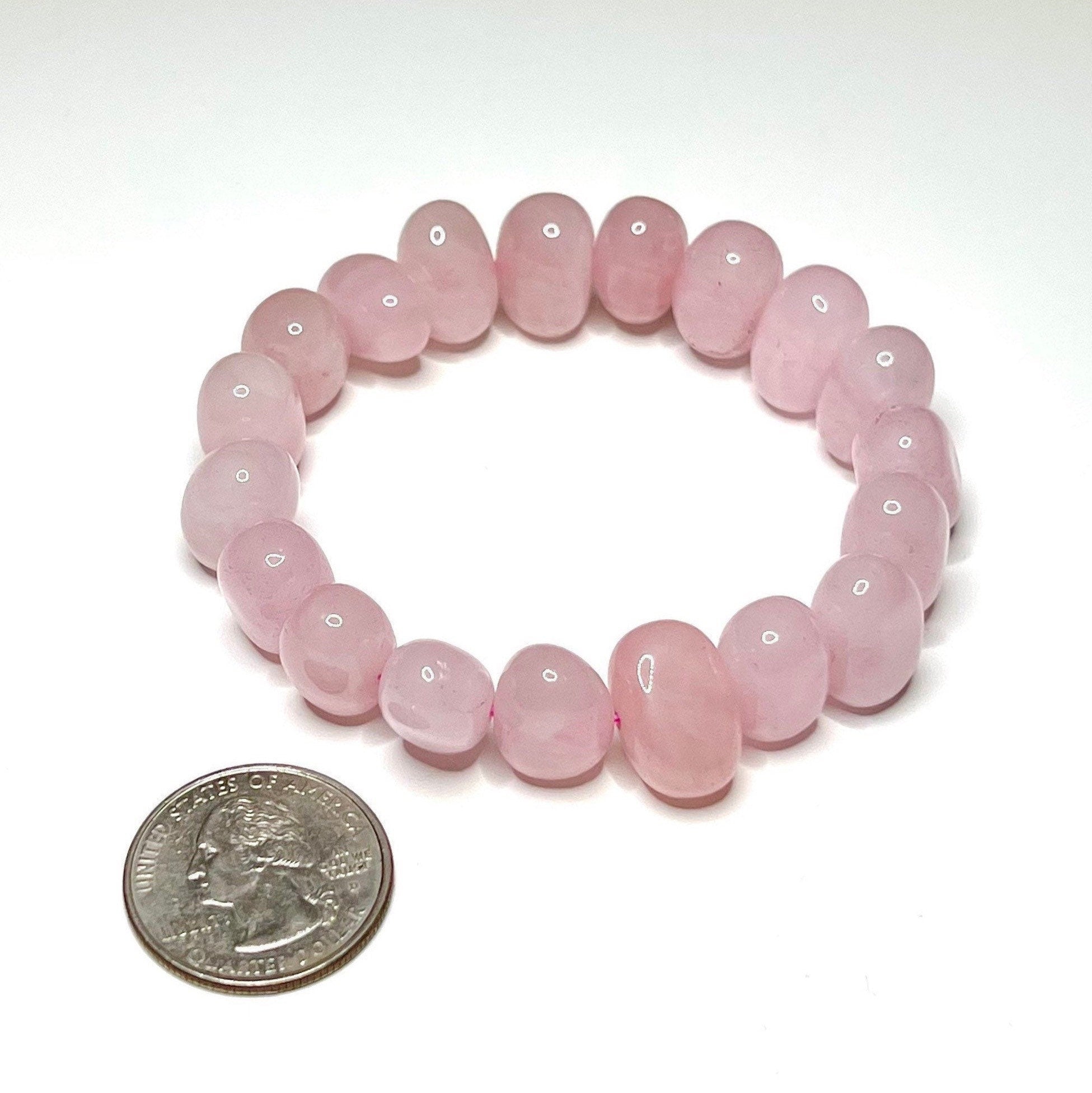 Rose Quartz Jelly Bean Bracelet: 9mm Gemstone Beaded Stretch Bracelet