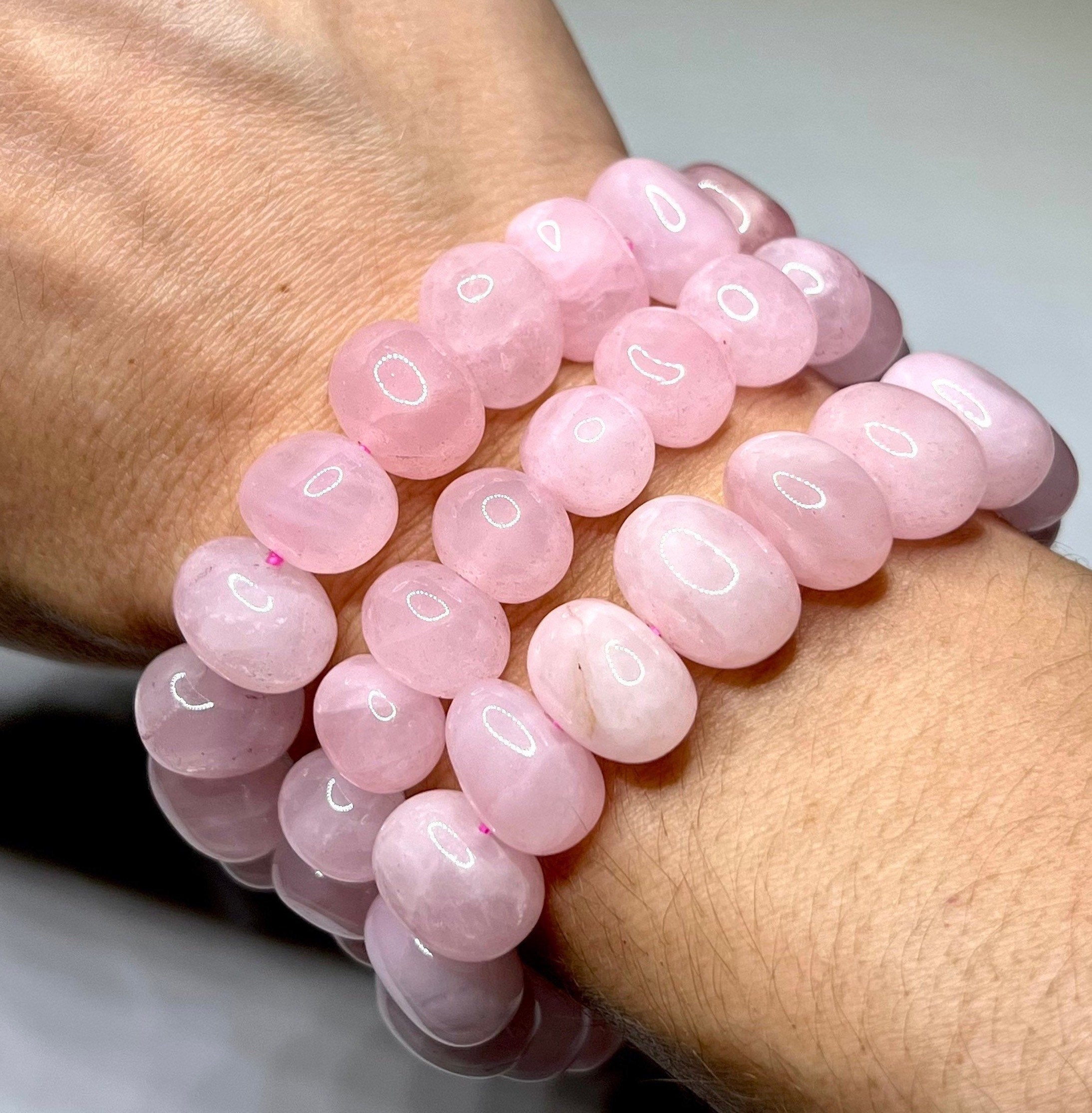 Rose Quartz Jelly Bean Bracelet: 9mm Gemstone Beaded Stretch Bracelet