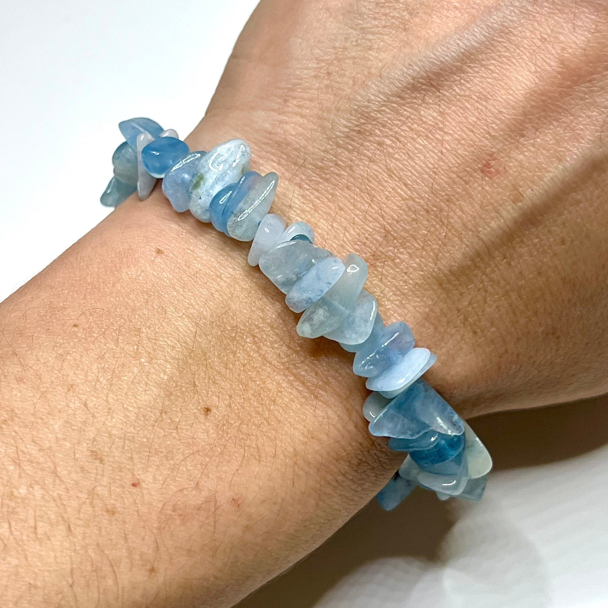 Aquamarine Crystal Chip Bracelet: Gemstone Beaded Stretch Bracelet