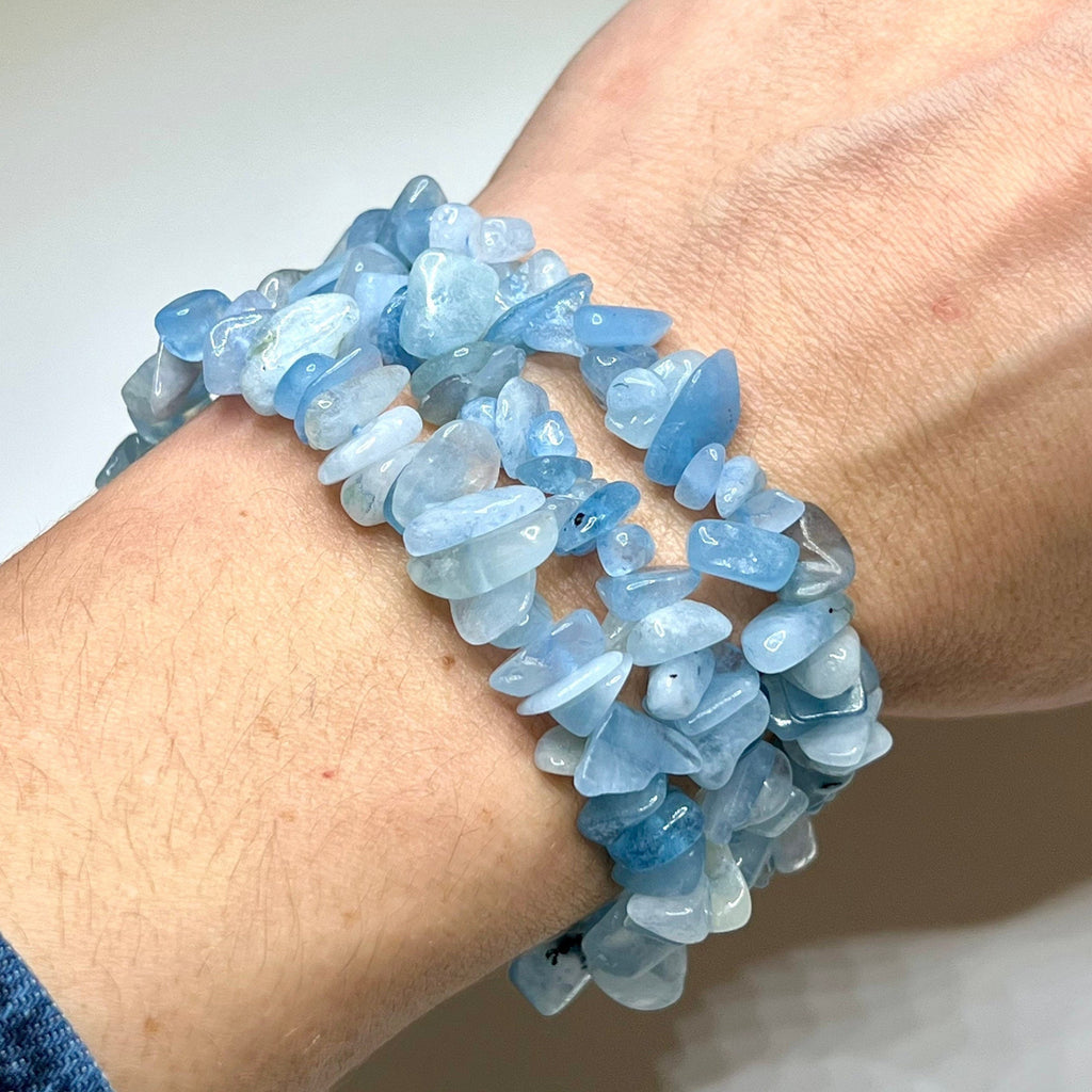 Aquamarine Crystal Chip Bracelet: Gemstone Beaded Stretch Bracelet