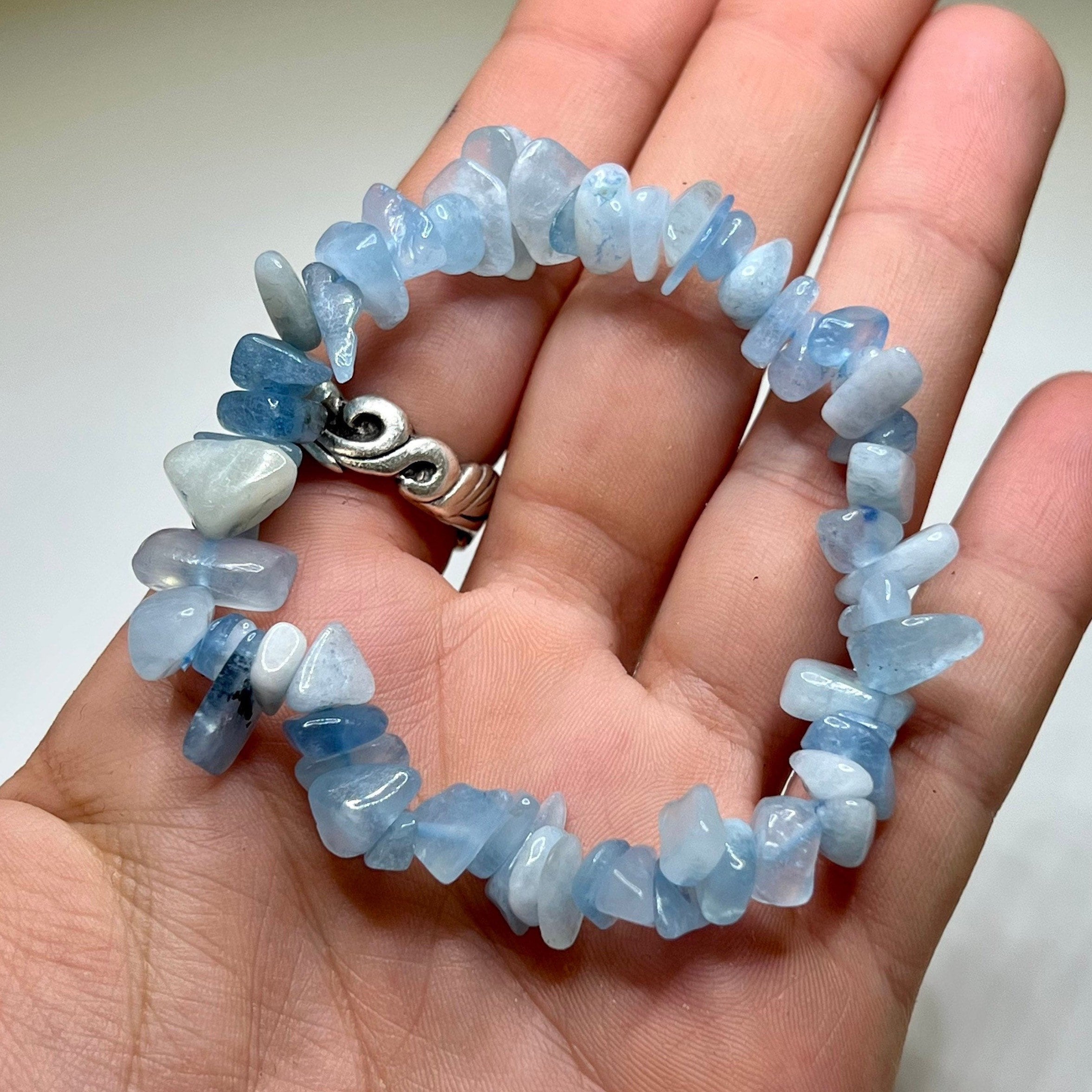 Aquamarine Crystal Chip Bracelet: Gemstone Beaded Stretch Bracelet