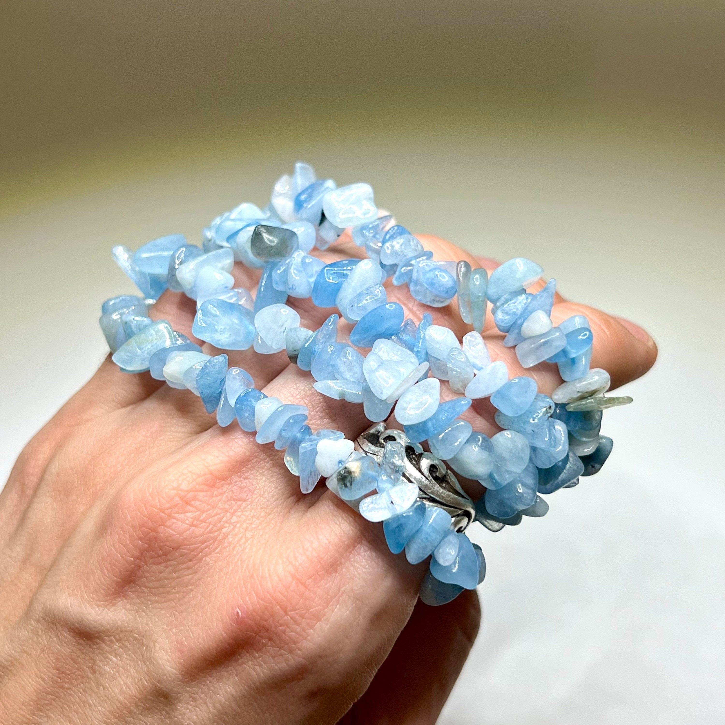 Aquamarine Crystal Chip Bracelet: Gemstone Beaded Stretch Bracelet