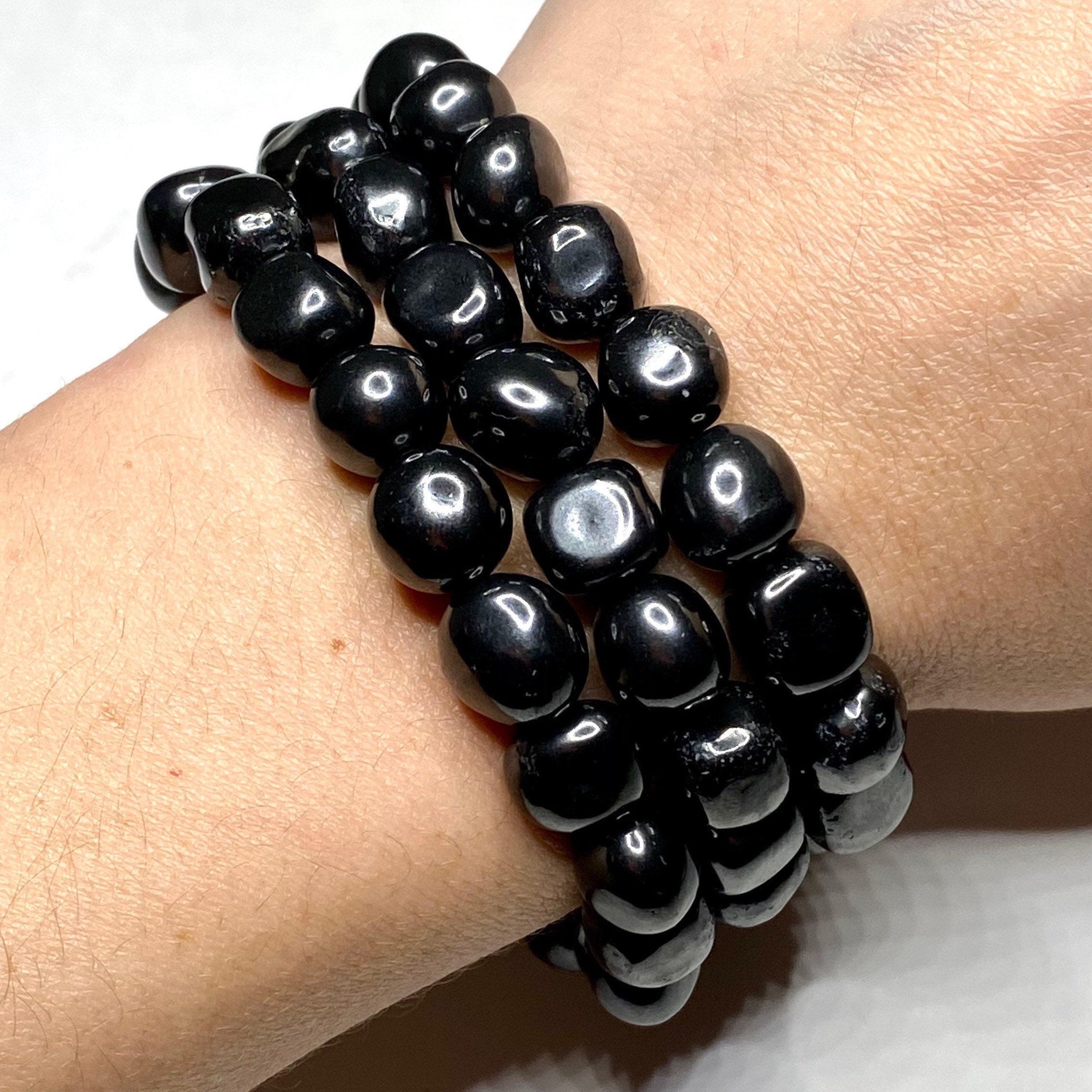 Shungite Crystal Beaded Bracelet: Handmade Tumbled Stone Bracelet, EMF Protection