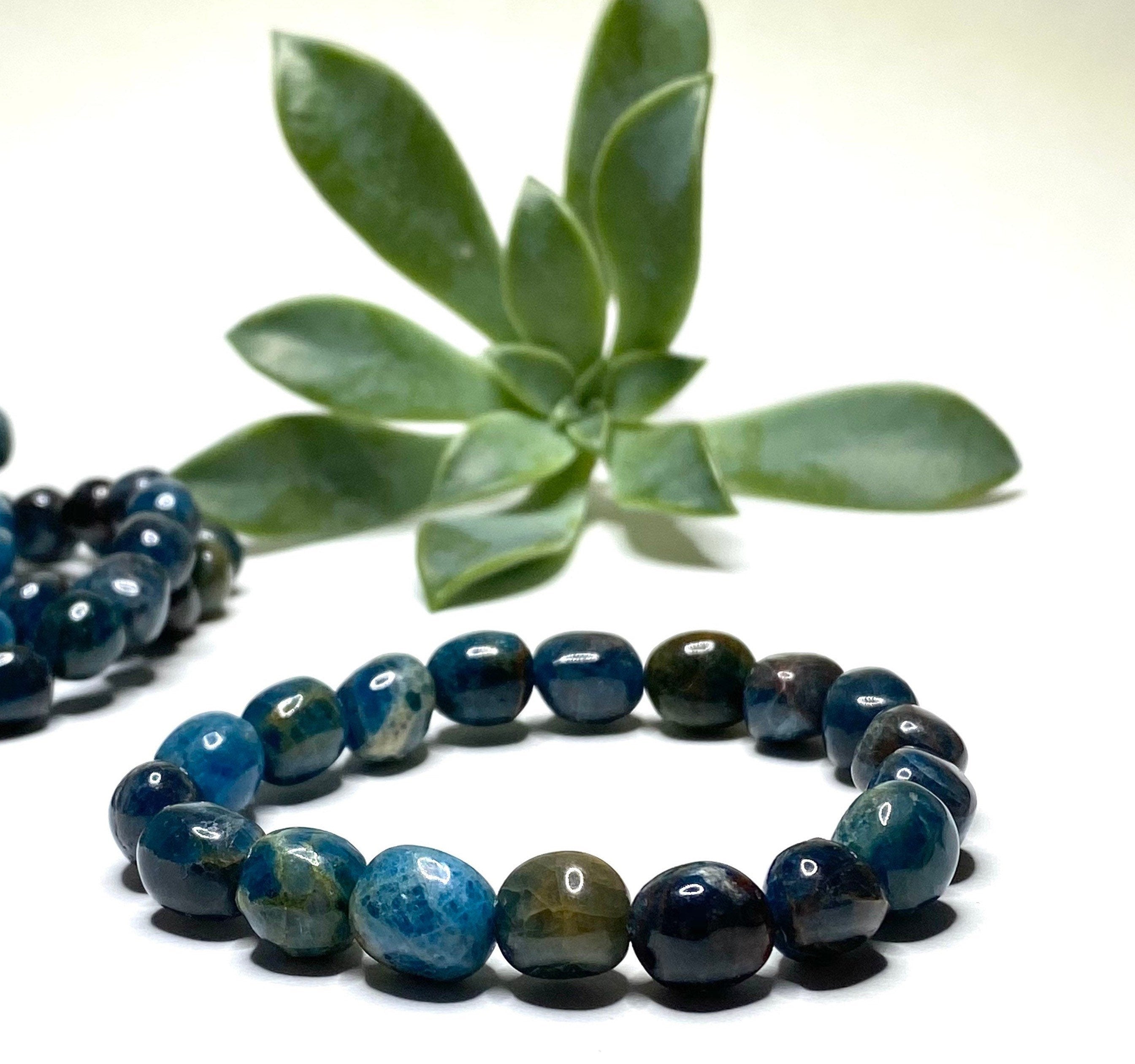 Blue Apatite Crystal Bracelet: 8mm Gemstone Beaded Stretch Bracelet