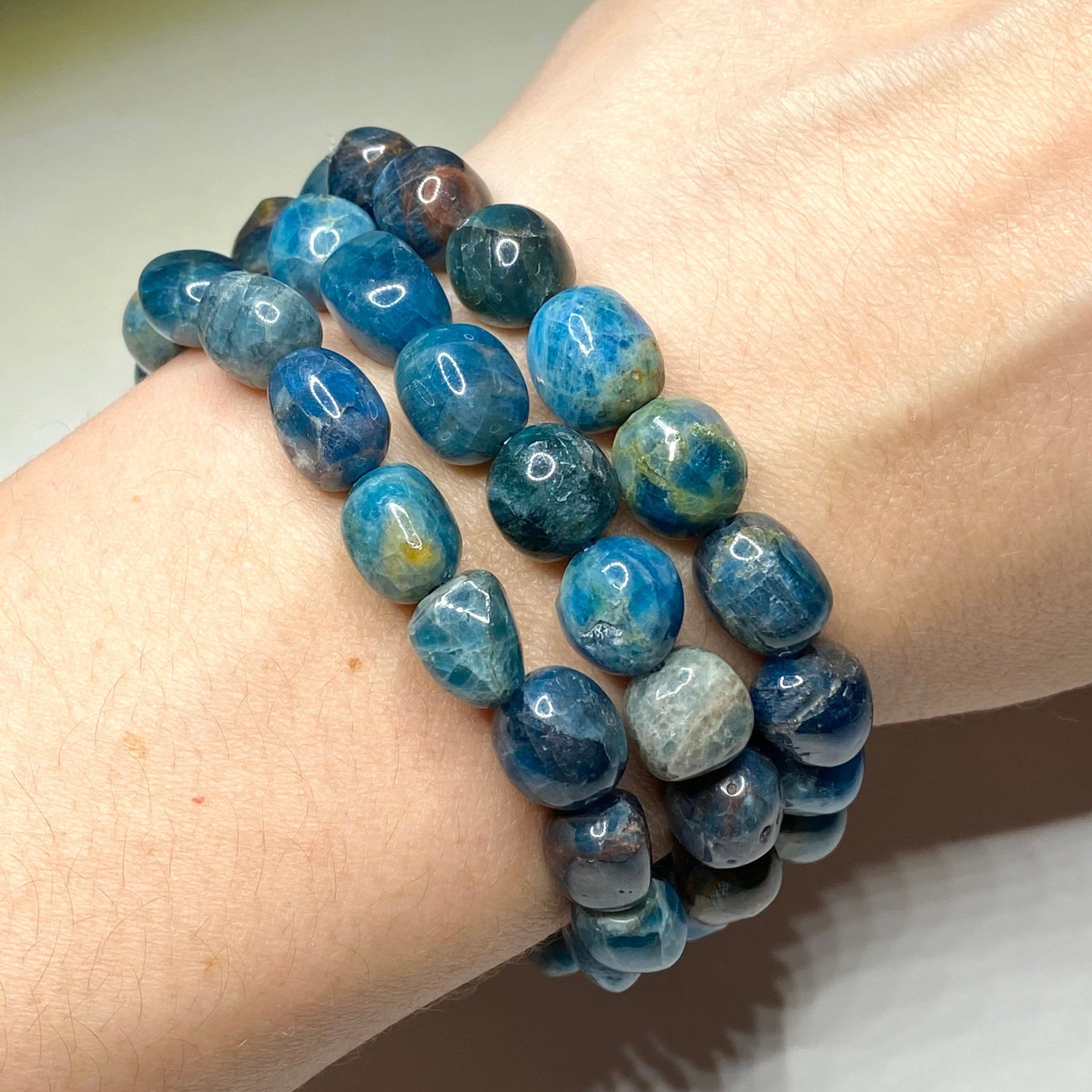 Blue Apatite Crystal Bracelet: 8mm Gemstone Beaded Stretch Bracelet