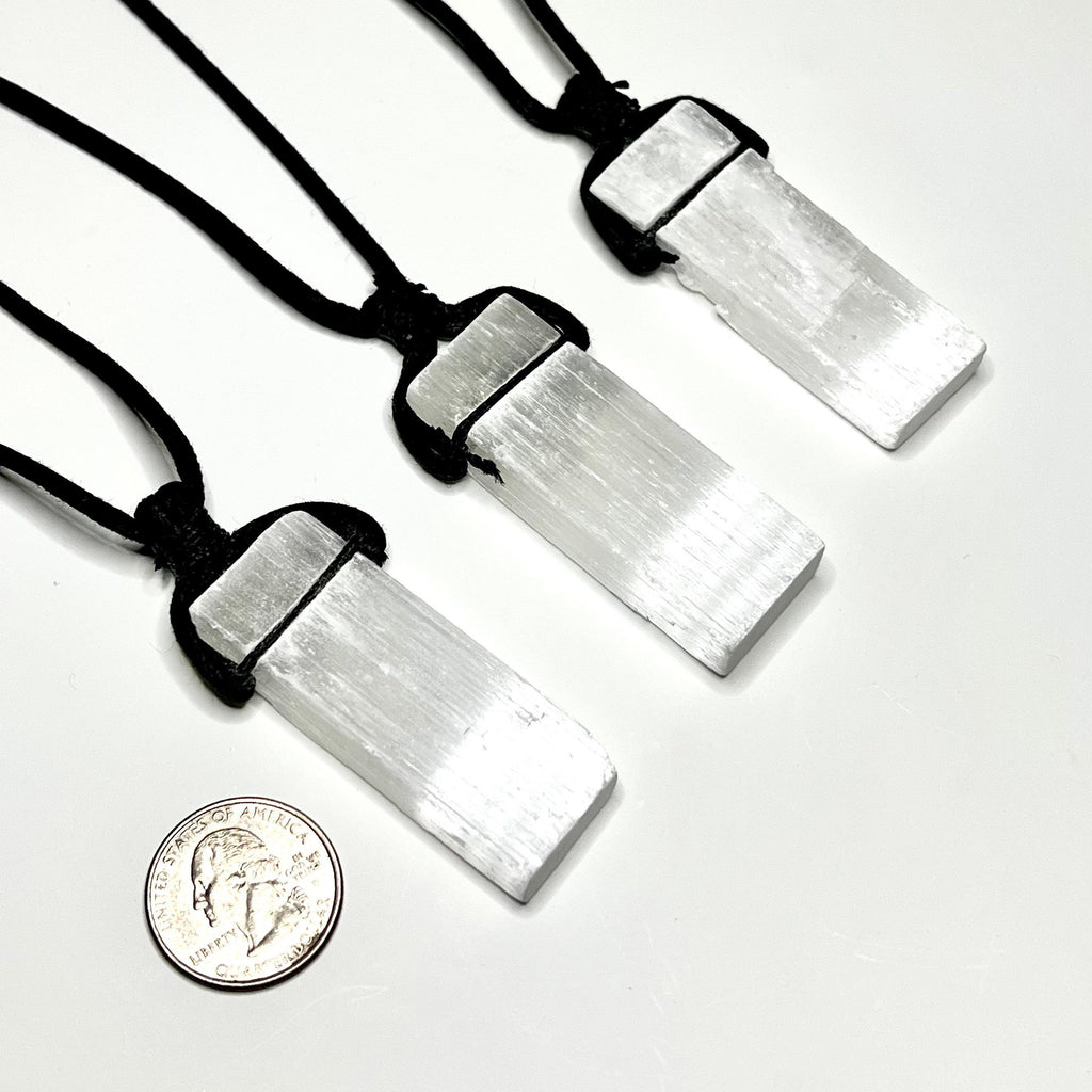 Selenite Crystal Pendant Necklace: Cleansing Gemstone on Black Cord