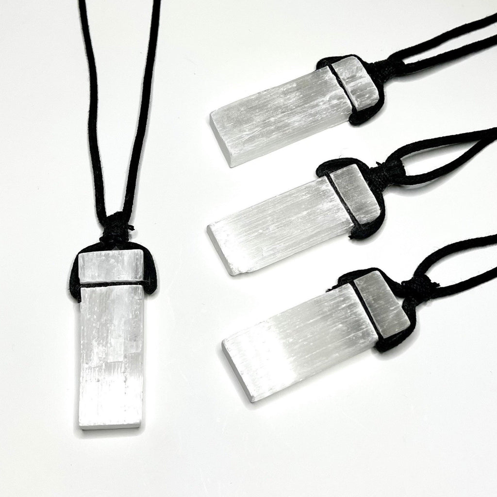 Selenite Crystal Pendant Necklace: Cleansing Gemstone on Black Cord