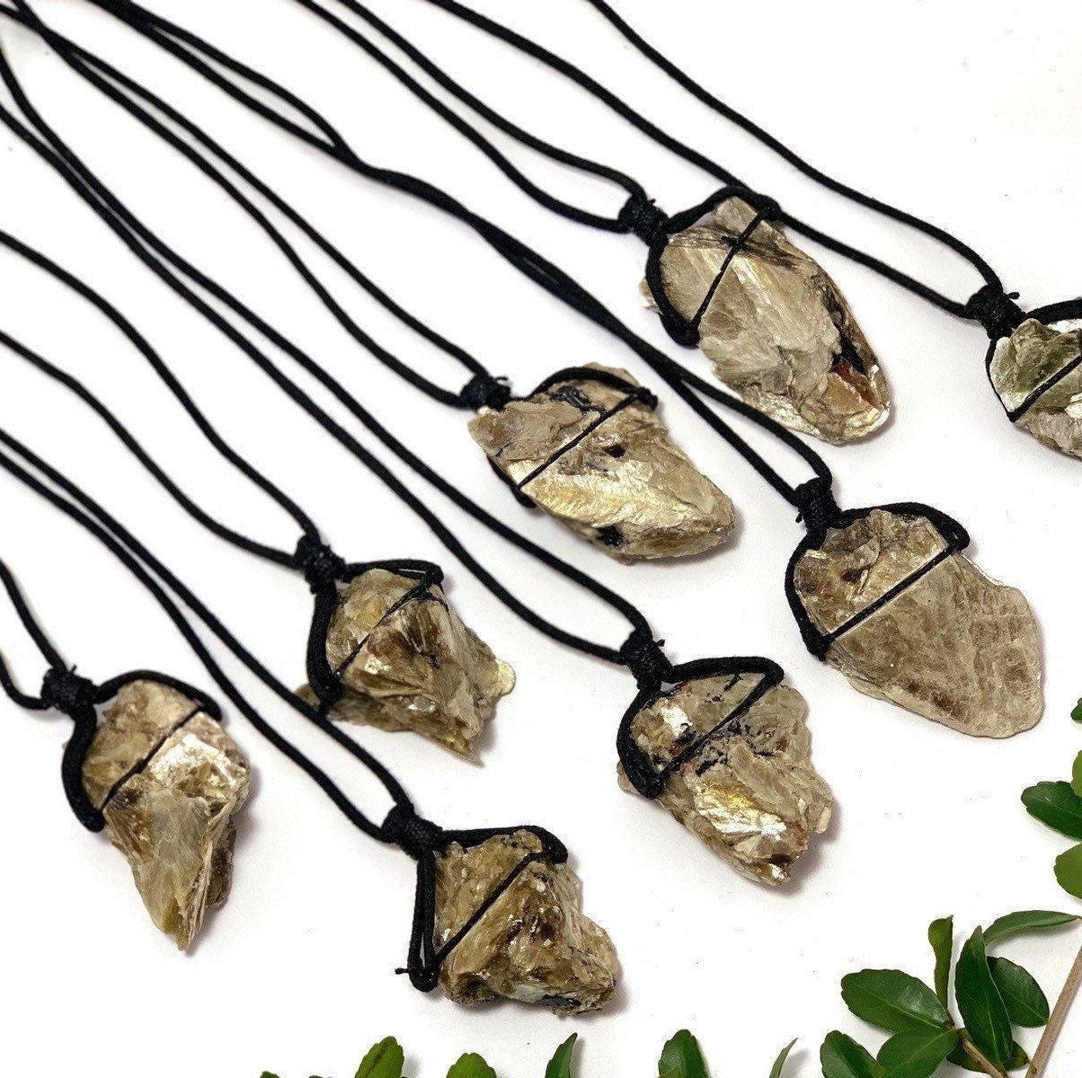 Golden Mica Crystal Cluster Necklace: Muscovite on Black Cord