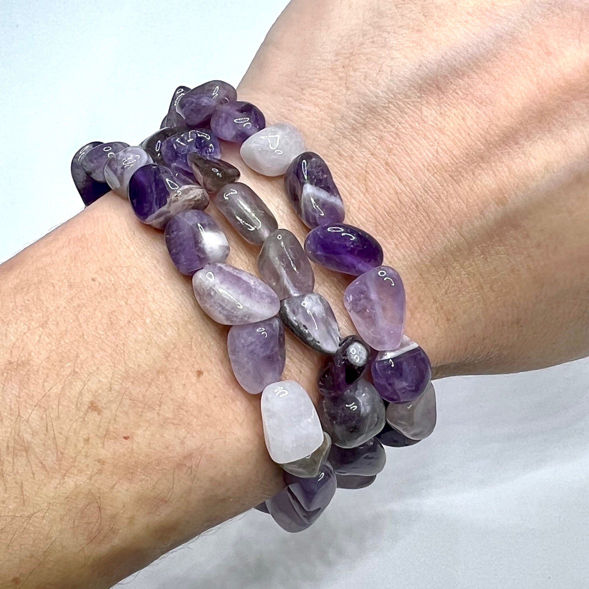 Amethyst Crystal Beaded Bracelet: Handmade Gemstone Stretch Bracelet, 6-10mm Tumbled Beads