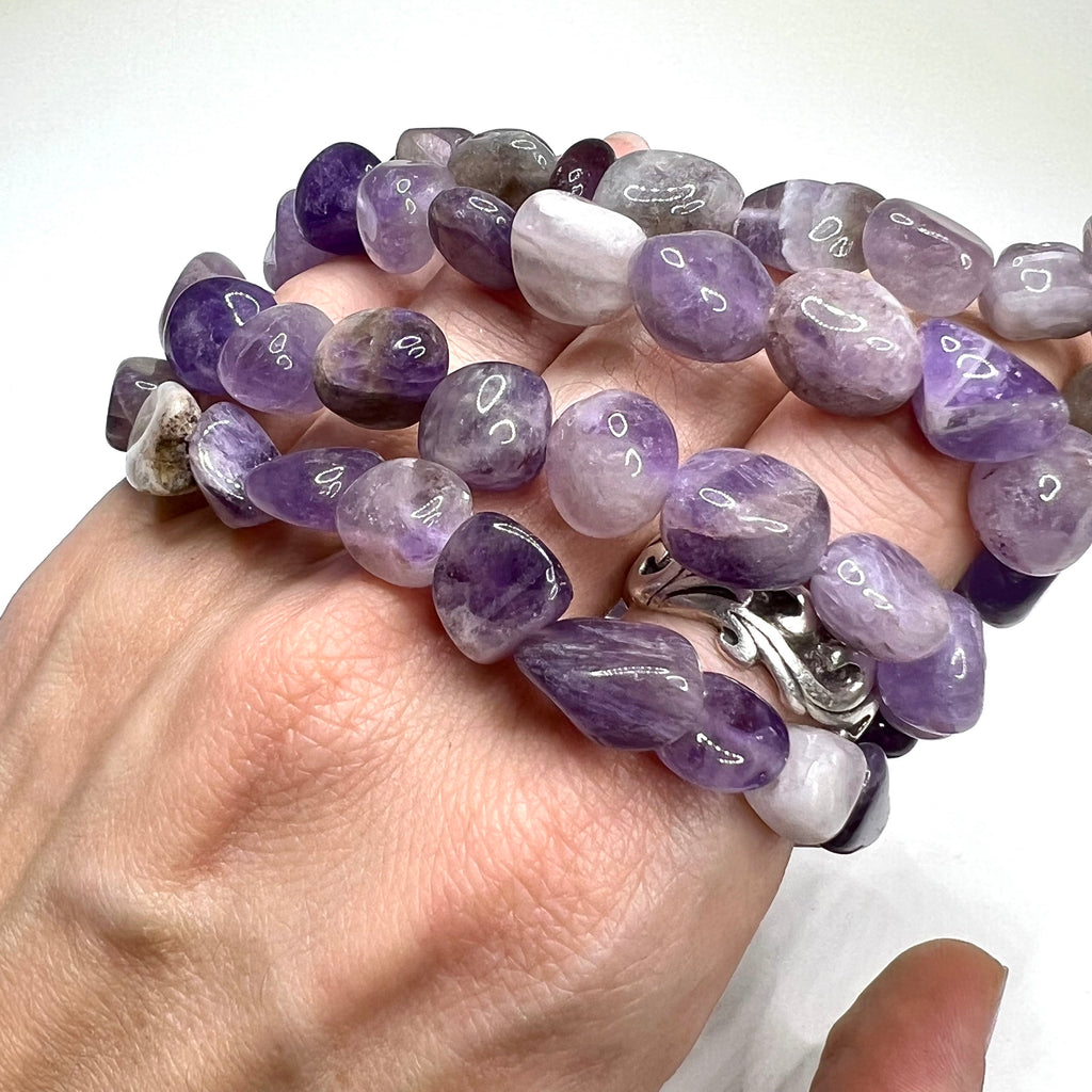 Amethyst Crystal Beaded Bracelet: Handmade Gemstone Stretch Bracelet, 6-10mm Tumbled Beads