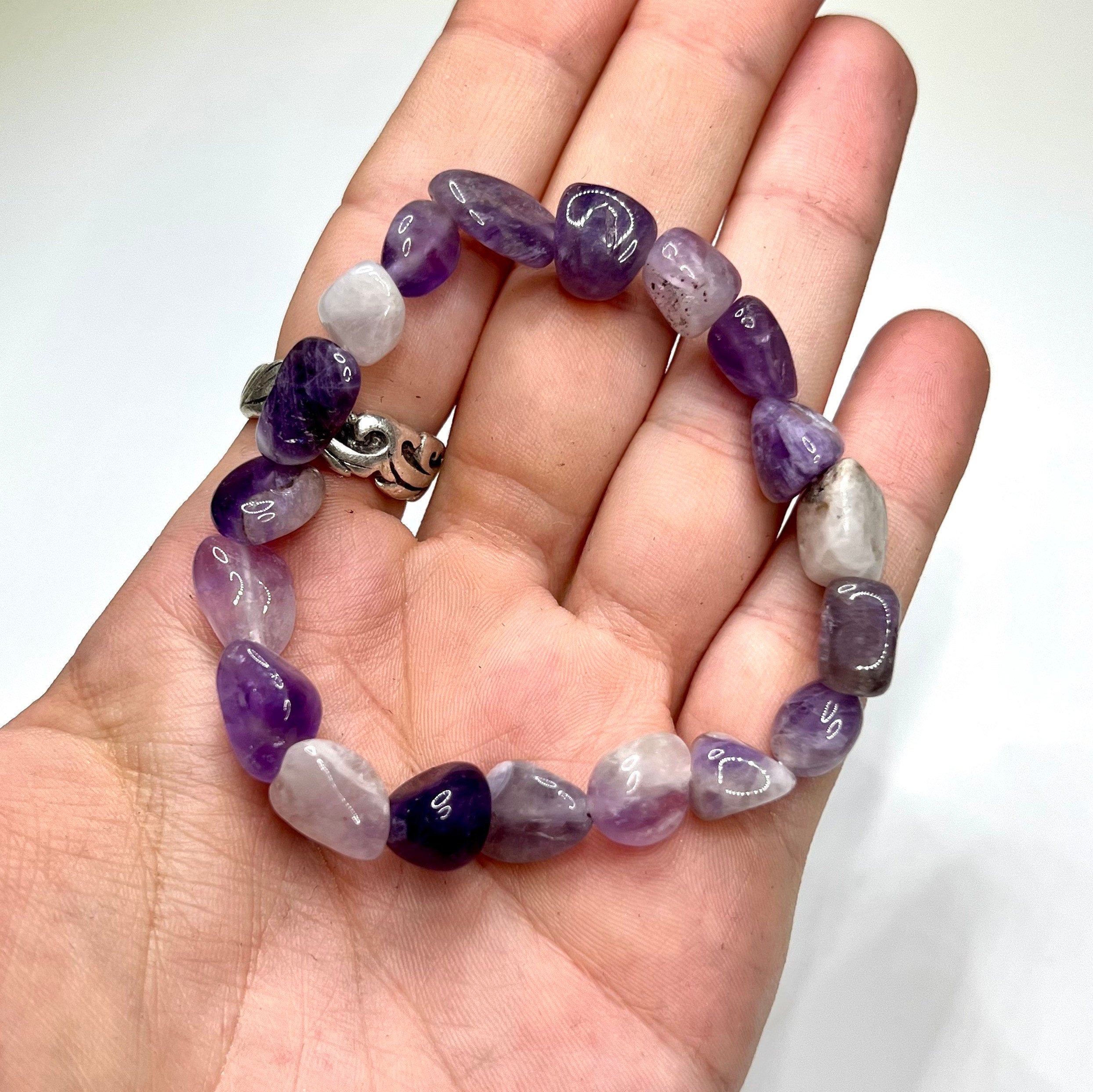 Amethyst Crystal Beaded Bracelet: Handmade Gemstone Stretch Bracelet, 6-10mm Tumbled Beads
