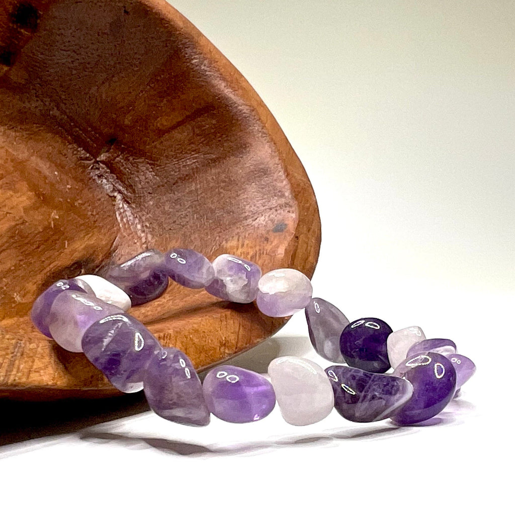 Amethyst Crystal Beaded Bracelet: Handmade Gemstone Stretch Bracelet, 6-10mm Tumbled Beads