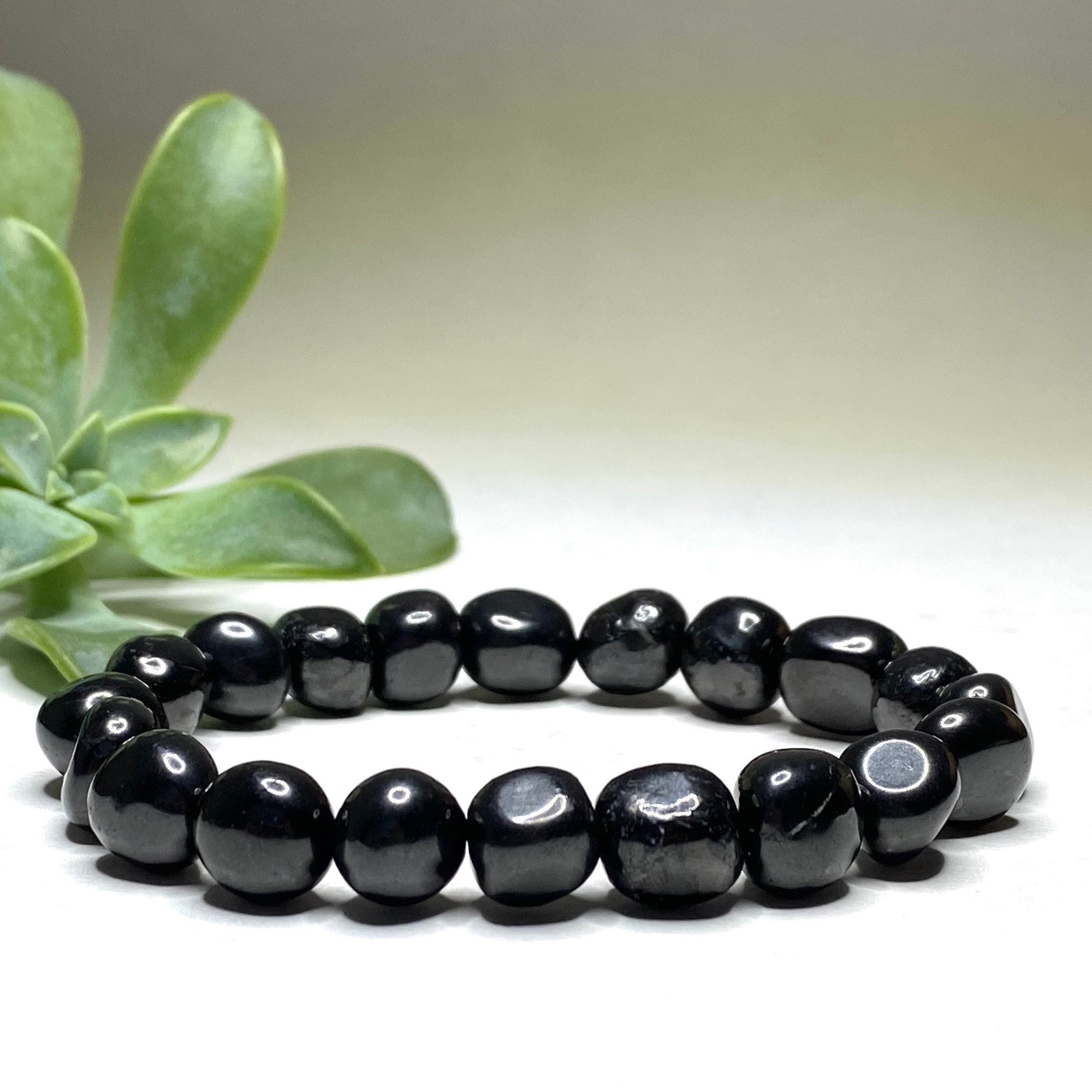 Shungite Crystal Beaded Bracelet: Handmade Tumbled Stone Bracelet, EMF Protection