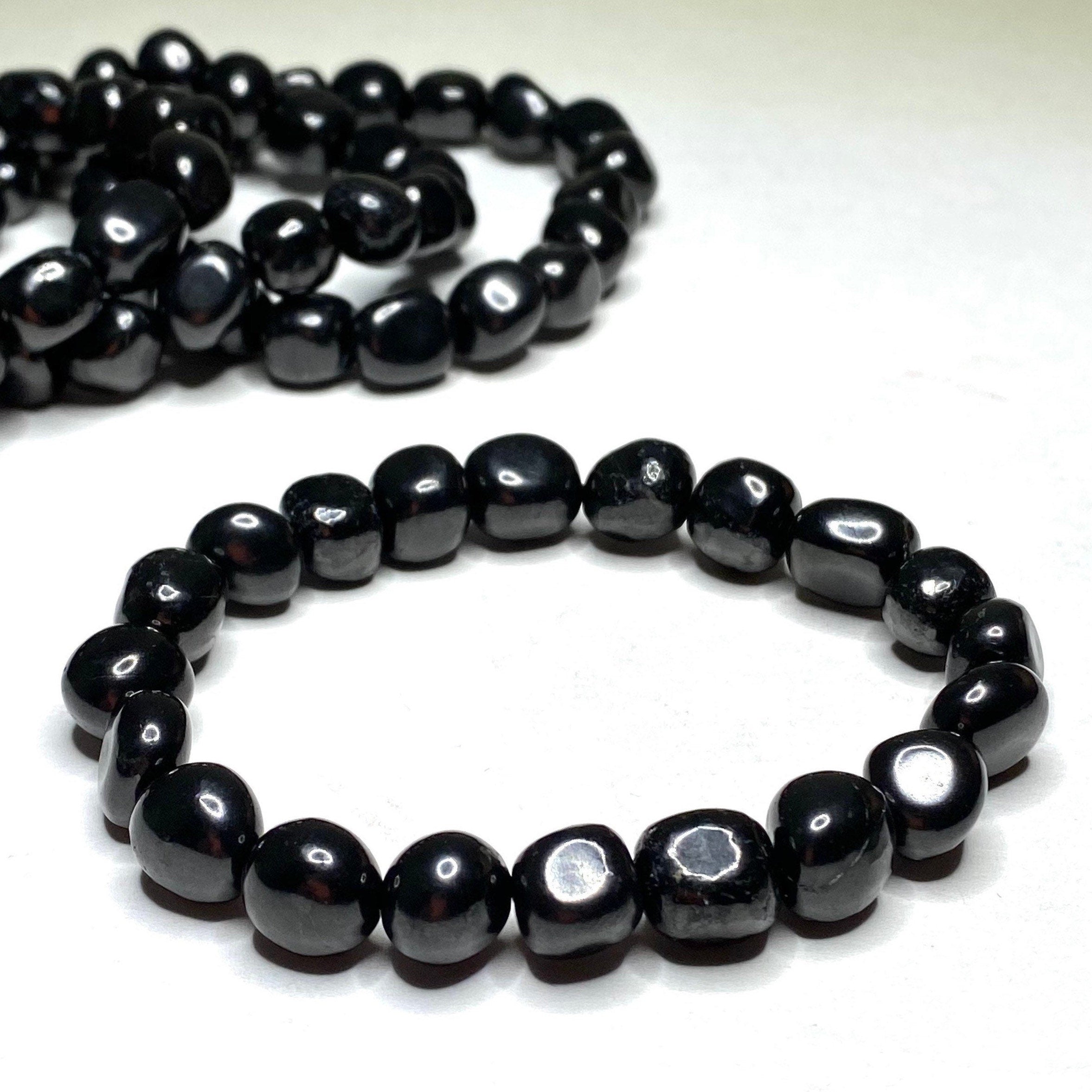 Shungite Crystal Beaded Bracelet: Handmade Tumbled Stone Bracelet, EMF Protection