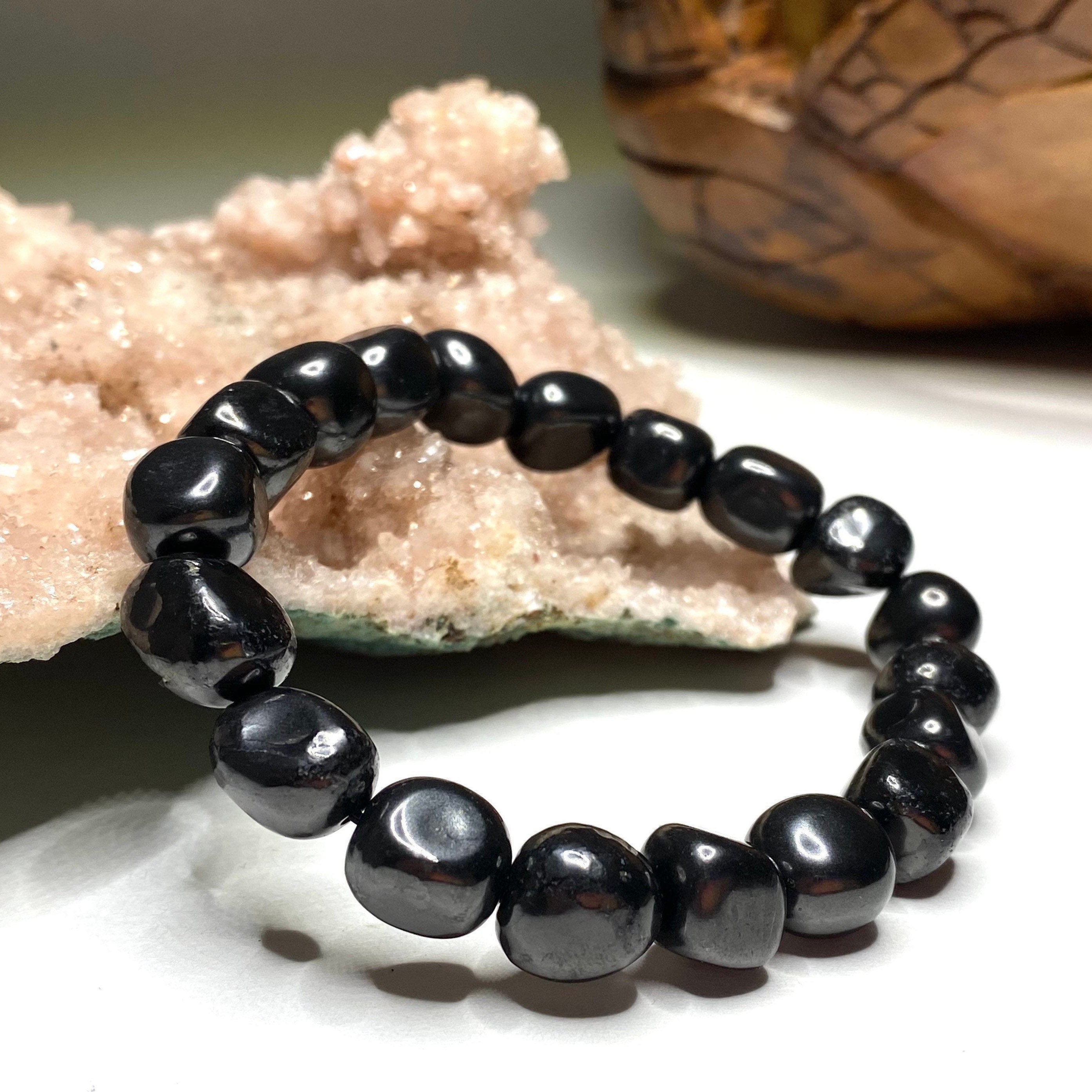 Shungite Crystal Beaded Bracelet: Handmade Tumbled Stone Bracelet, EMF Protection