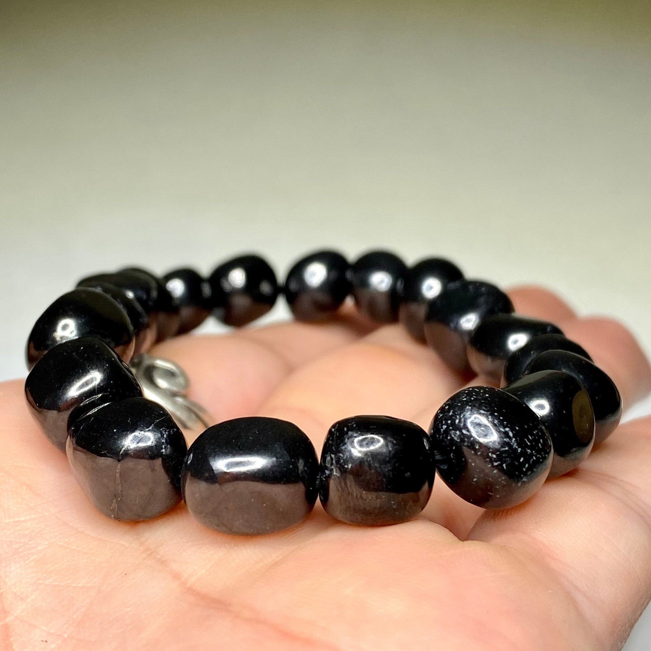 Shungite Crystal Beaded Bracelet: Handmade Tumbled Stone Bracelet, EMF Protection