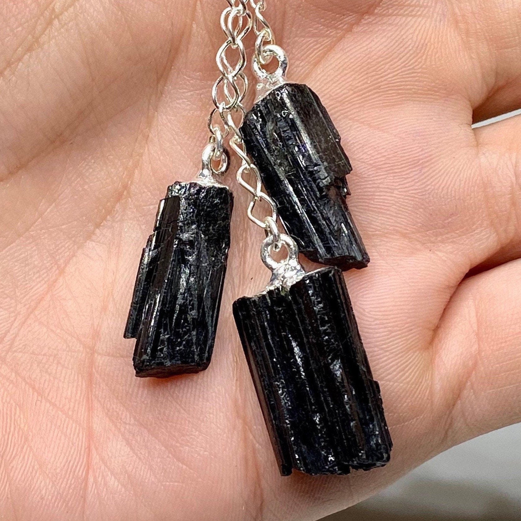 Black Tourmaline Triple Drop Pendant with Chain
