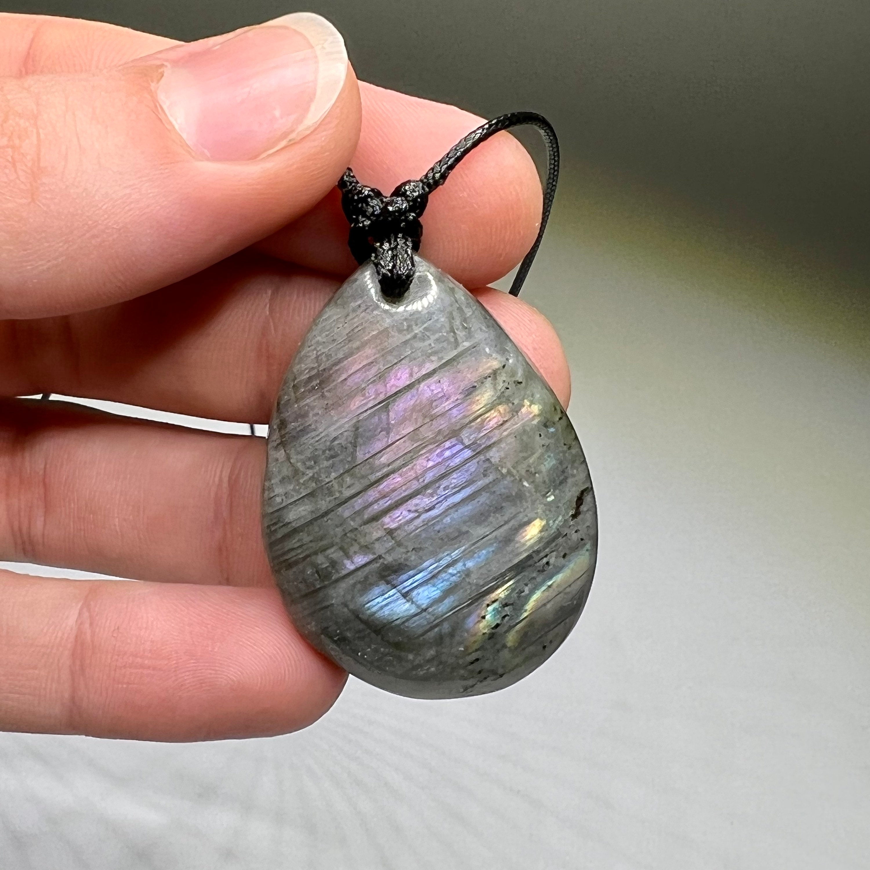 Labradorite Gemstone Pendant | Handmade Necklace on Black Cord