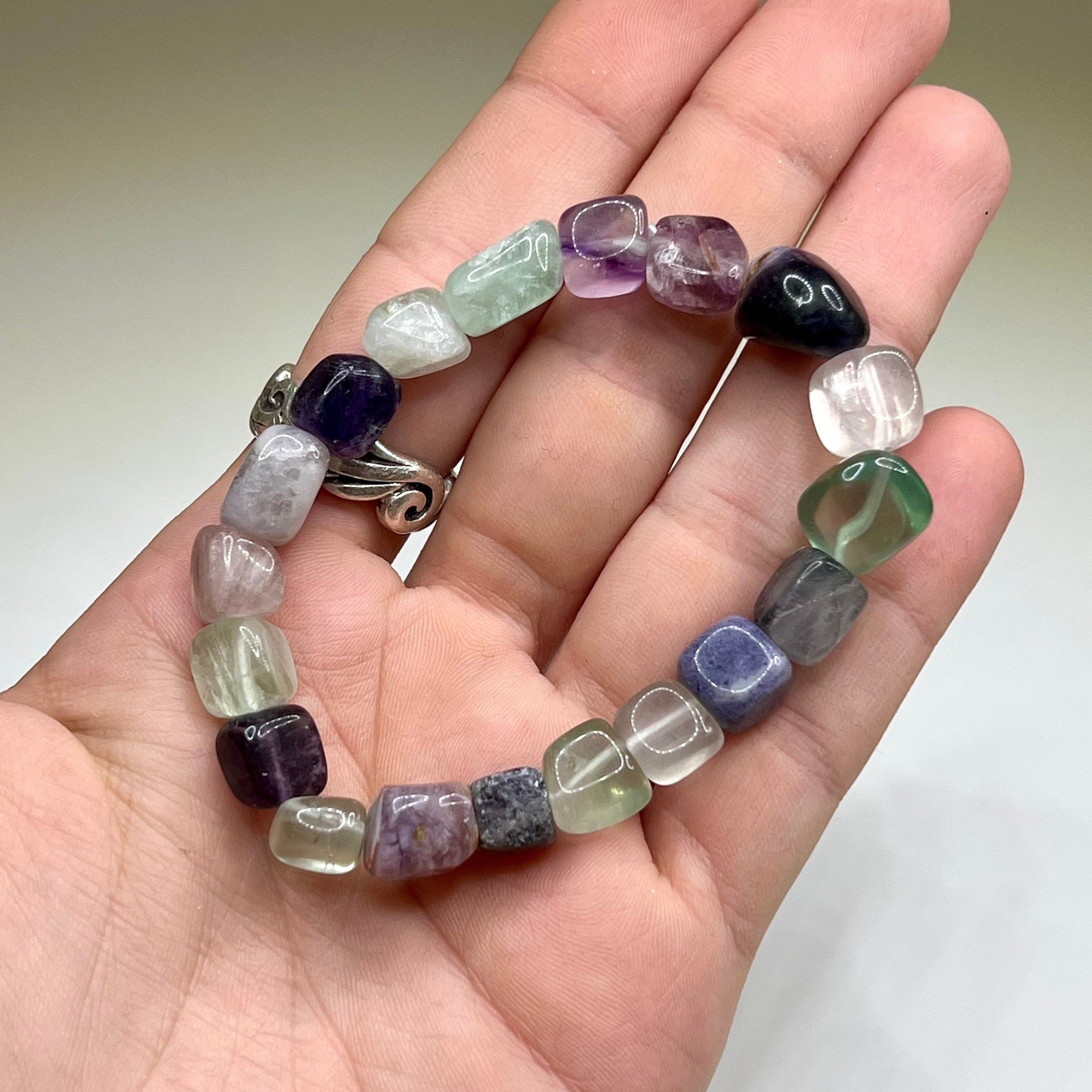 Rainbow Fluorite Crystal Bracelet, Tumbled Gemstone Beaded Bracelet