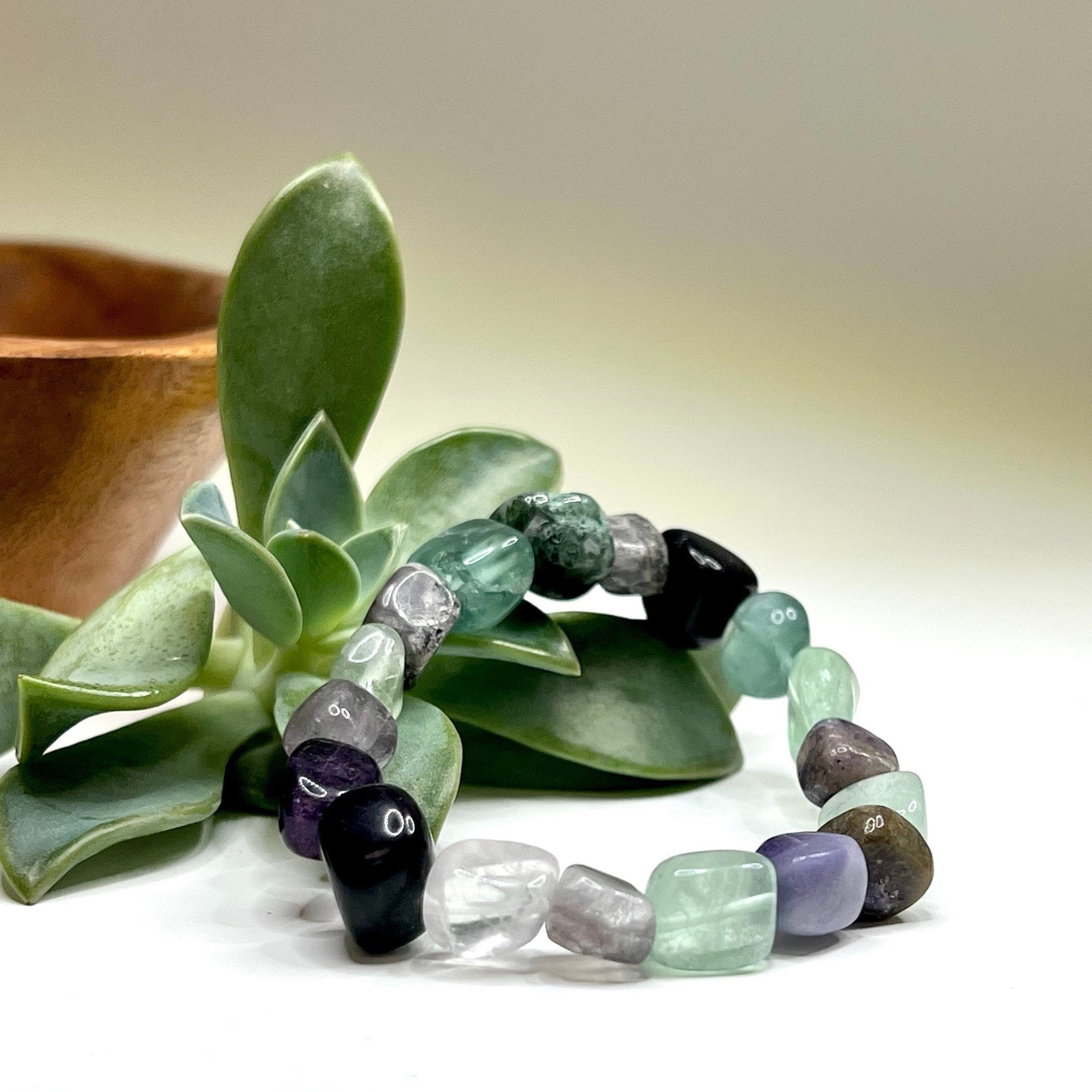 Rainbow Fluorite Crystal Bracelet, Tumbled Gemstone Beaded Bracelet