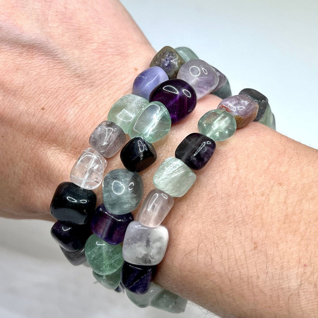 Rainbow Fluorite Crystal Bracelet, Tumbled Gemstone Beaded Bracelet