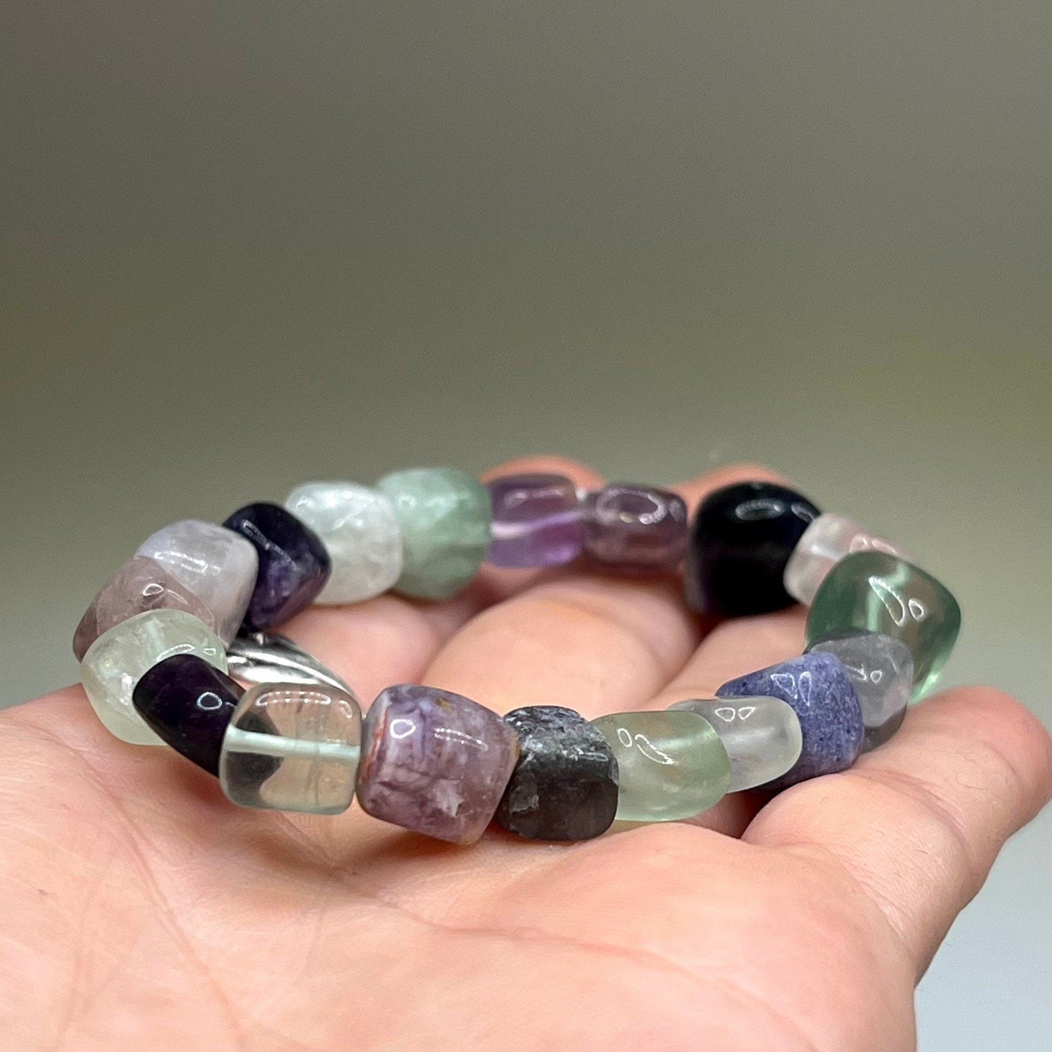 Rainbow Fluorite Crystal Bracelet, Tumbled Gemstone Beaded Bracelet