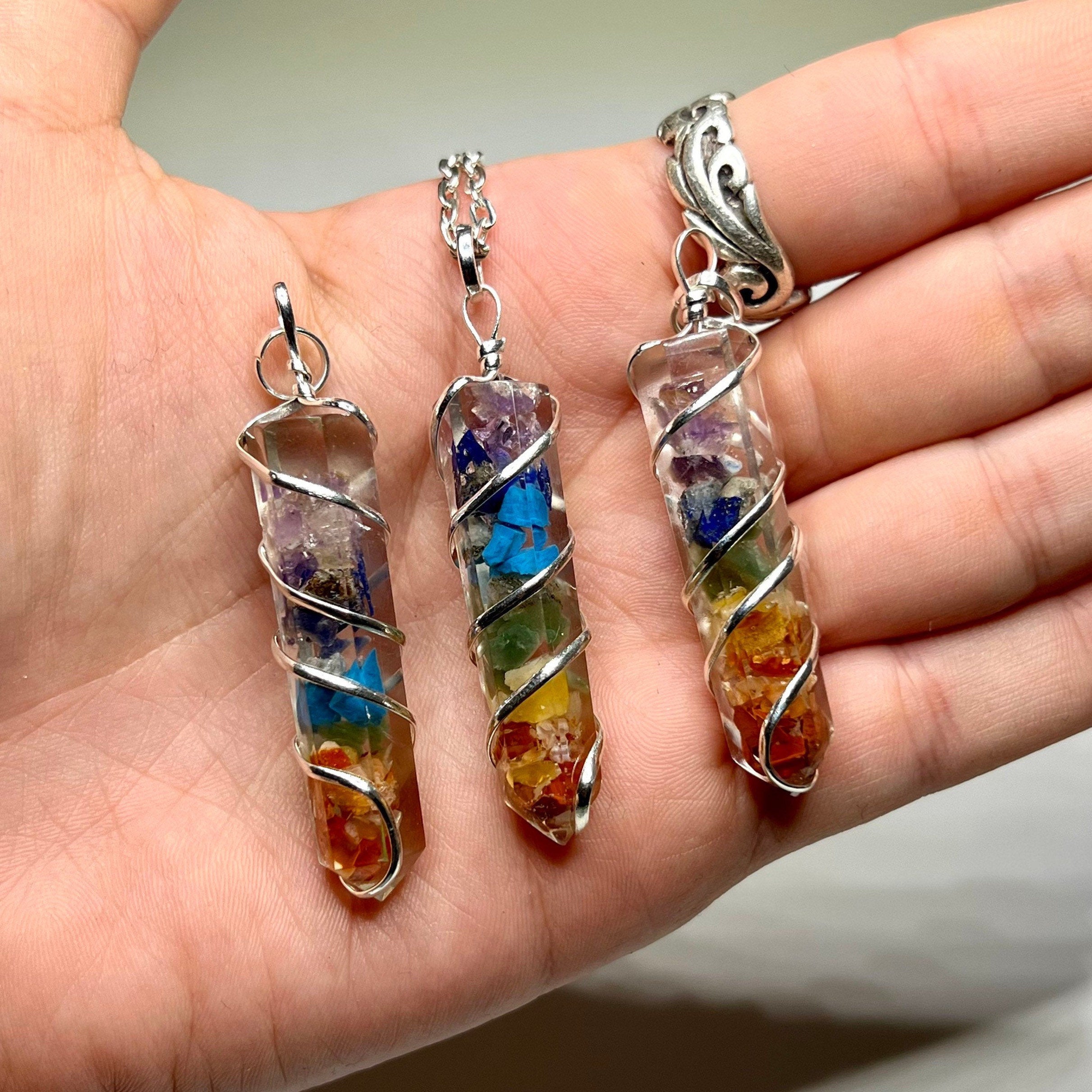 7 Chakra Stone in Orgonite Wire Wrapped Pendant Necklace