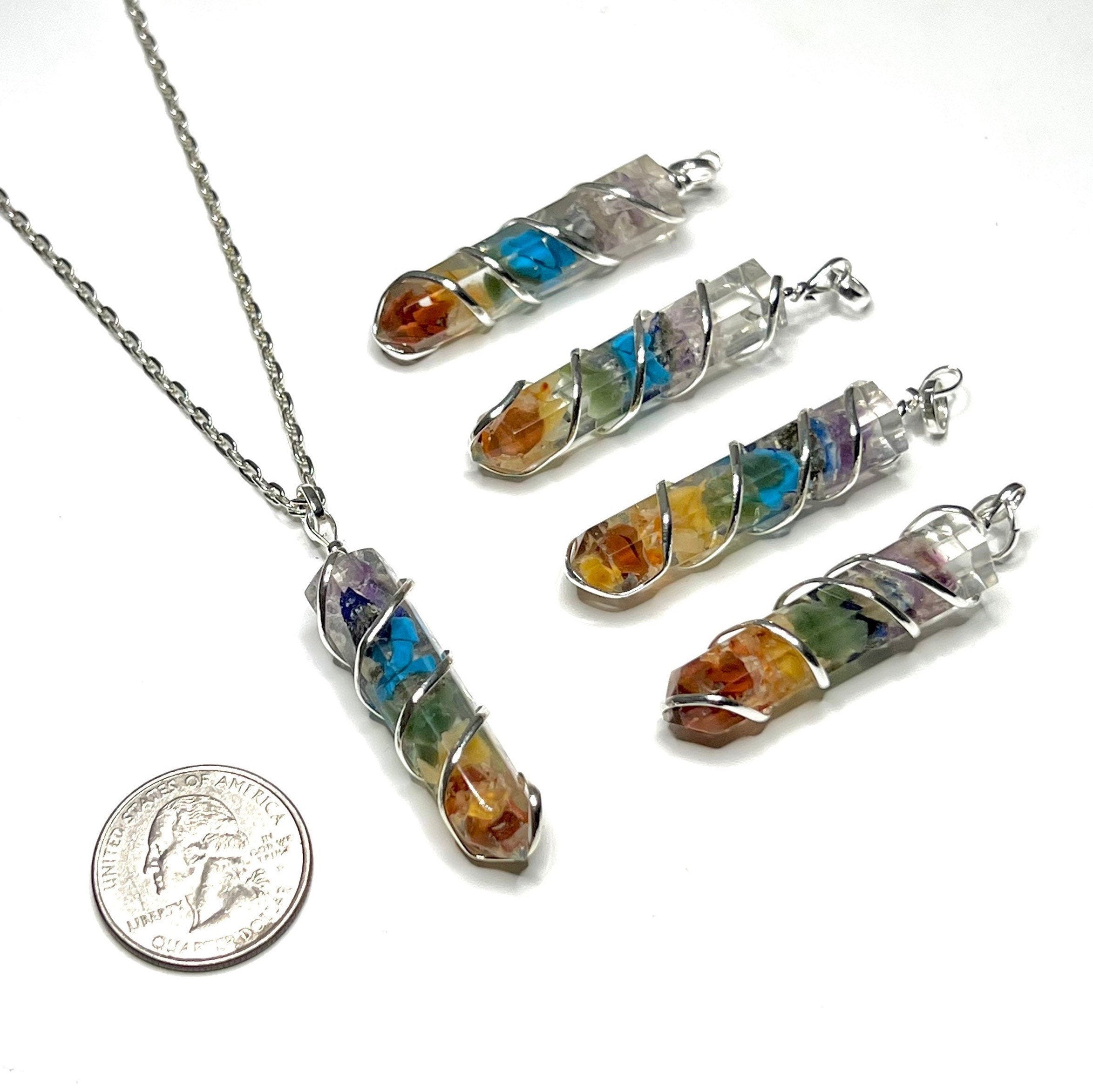 7 Chakra Stone in Orgonite Wire Wrapped Pendant Necklace