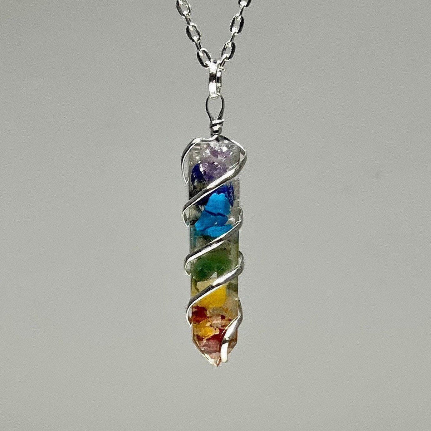 7 Chakra Stone in Orgonite Pendant Necklace - Seven Chakra Gemstone Wire Wrapped  with Chain
