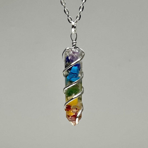 7 Chakra Stone in Orgonite Pendant Necklace - Seven Chakra Gemstone Wire Wrapped  with Chain