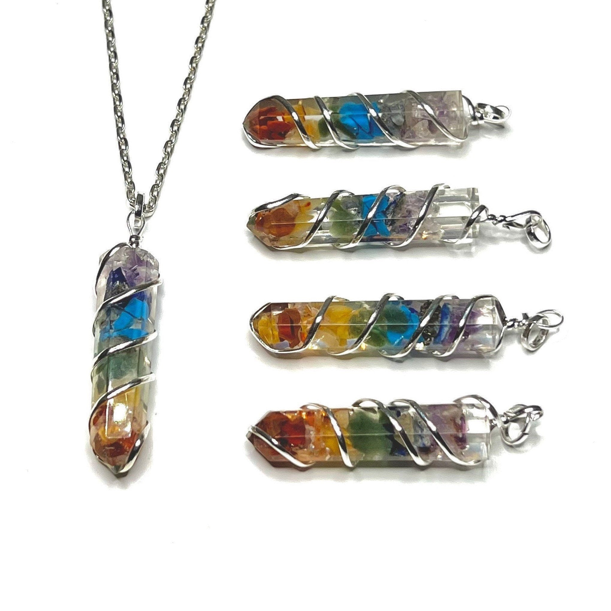 7 Chakra Stone in Orgonite Wire Wrapped Pendant Necklace