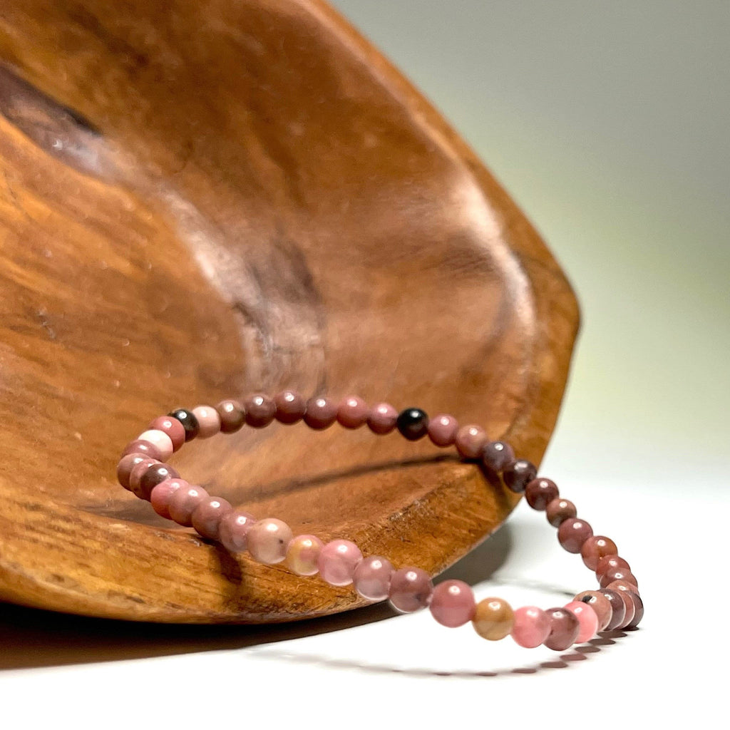 Black Vein Rhodonite Crystal Bracelet: 4mm Gemstone Beaded Bracelet