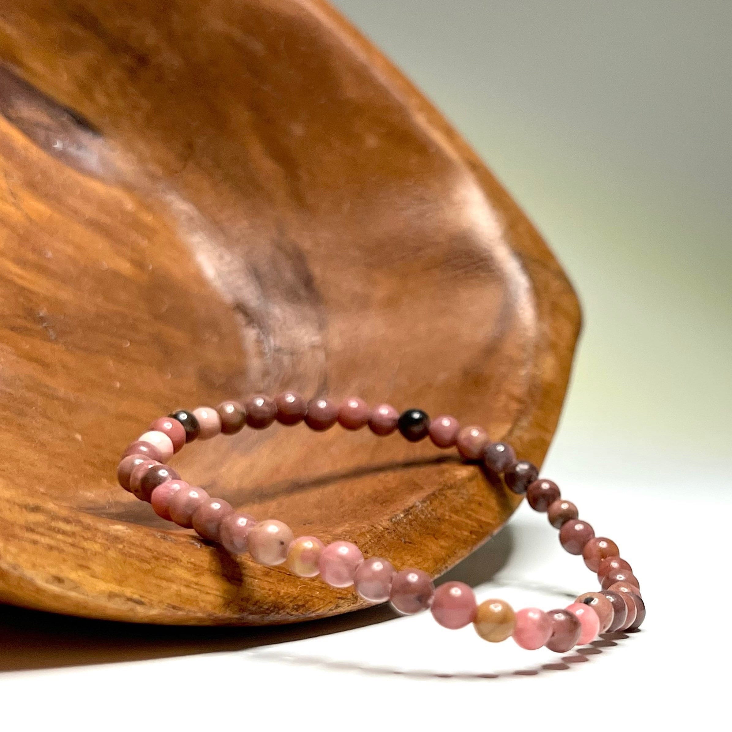 Black Vein Rhodonite Crystal Bracelet: 4mm Gemstone Beaded Bracelet