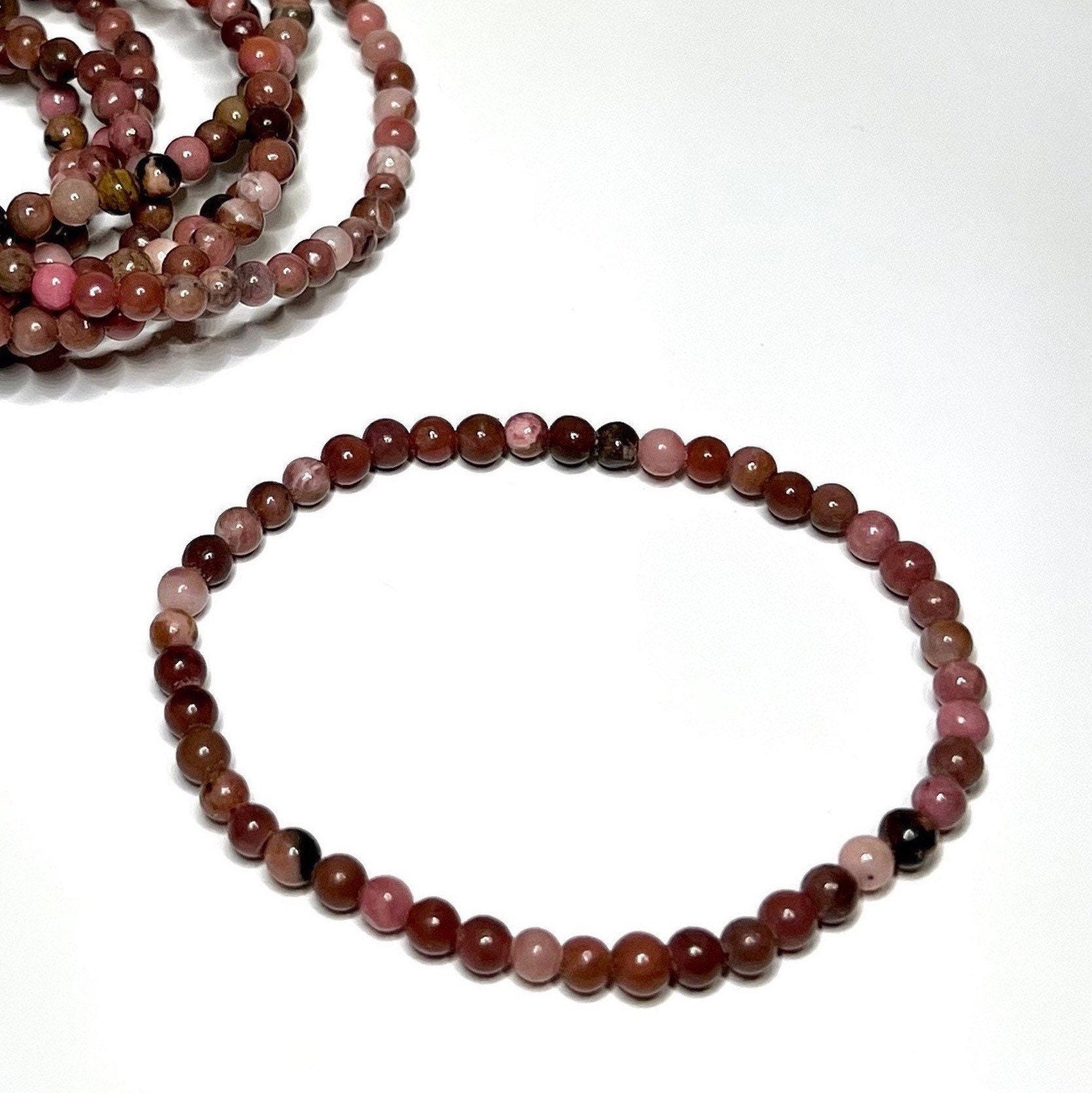 Black Vein Rhodonite Crystal Bracelet: 4mm Gemstone Beaded Bracelet
