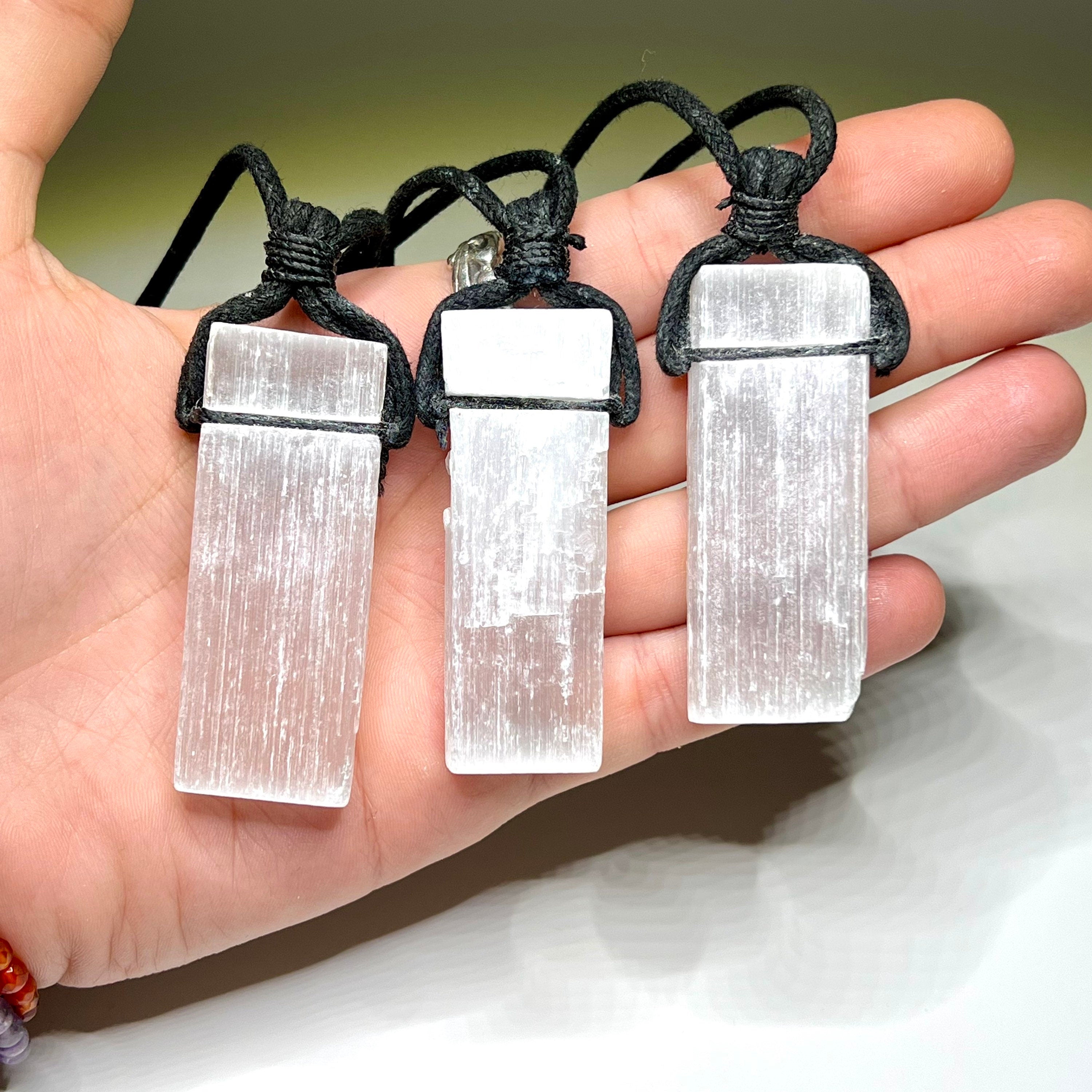 Selenite Crystal Pendant Necklace: Cleansing Gemstone on Black Cord