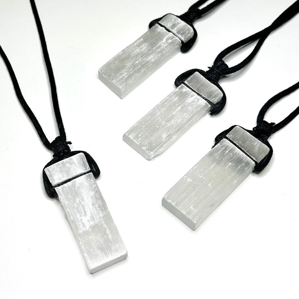 Selenite Crystal Pendant Necklace: Cleansing Gemstone on Black Cord
