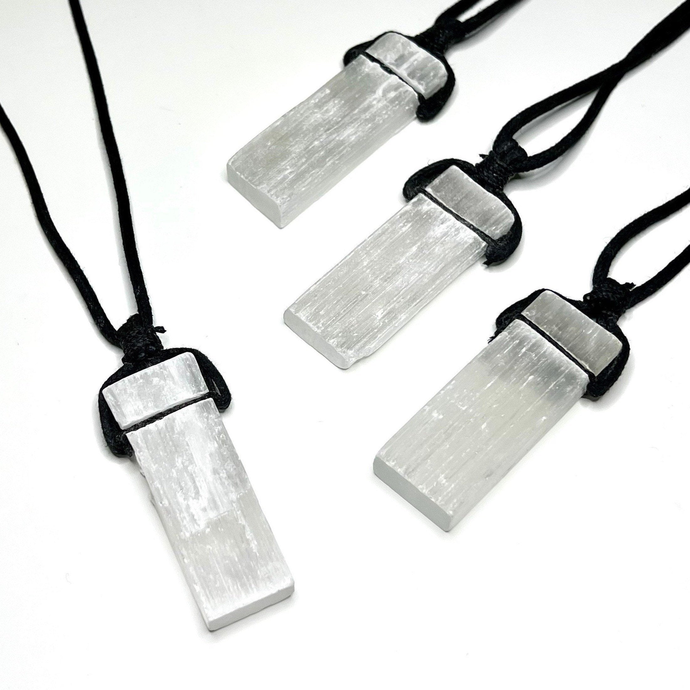 Selenite Crystal Pendant Necklace: Cleansing Gemstone on Black Cord