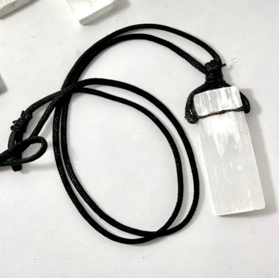 Selenite Crystal Pendant Necklace: Cleansing Gemstone on Black Cord