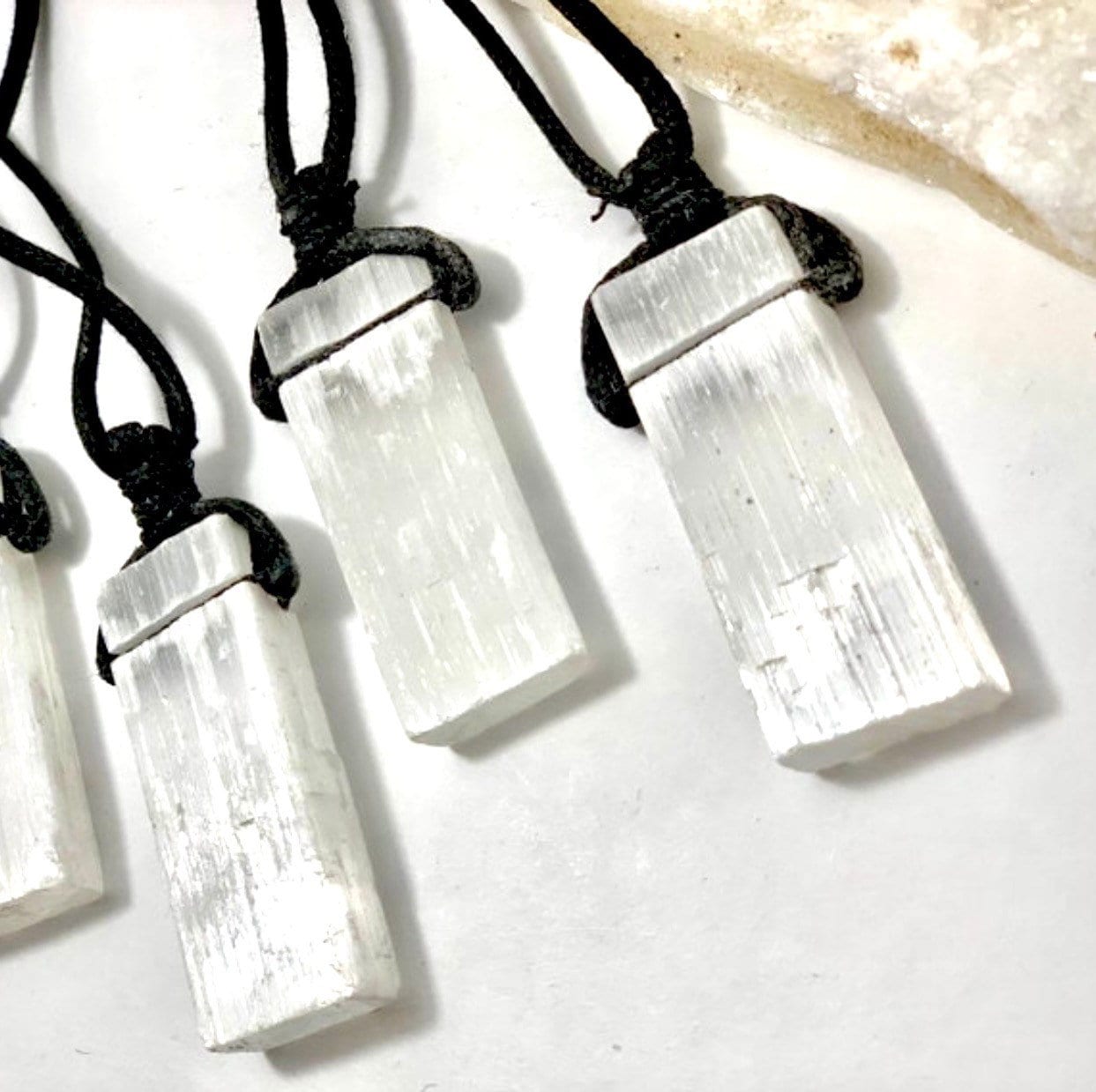 Selenite Crystal Pendant Necklace: Cleansing Gemstone on Black Cord