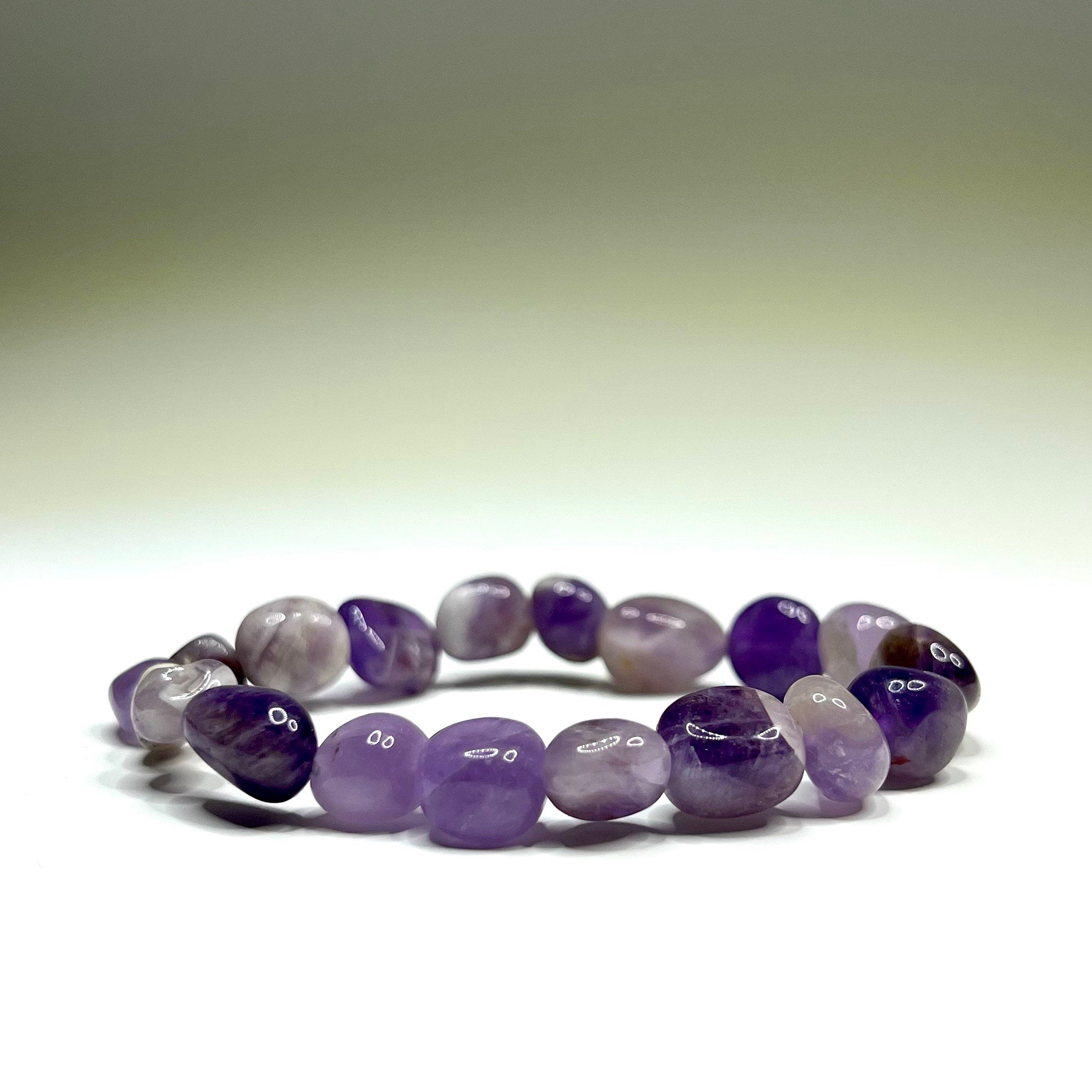 Amethyst Crystal Beaded Bracelet: Handmade Gemstone Stretch Bracelet, 6-10mm Tumbled Beads