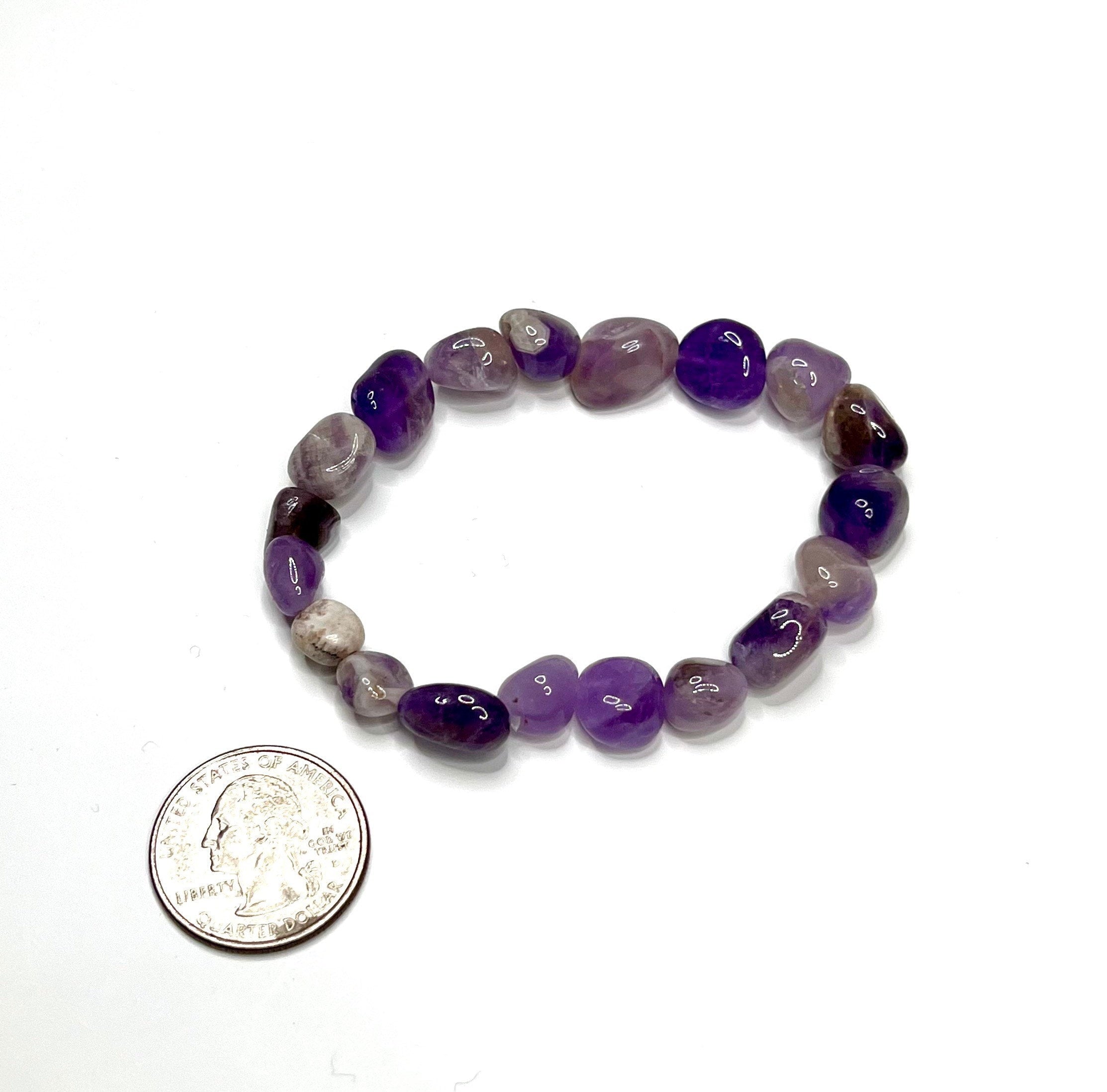 Amethyst Crystal Beaded Bracelet: Handmade Gemstone Stretch Bracelet, 6-10mm Tumbled Beads