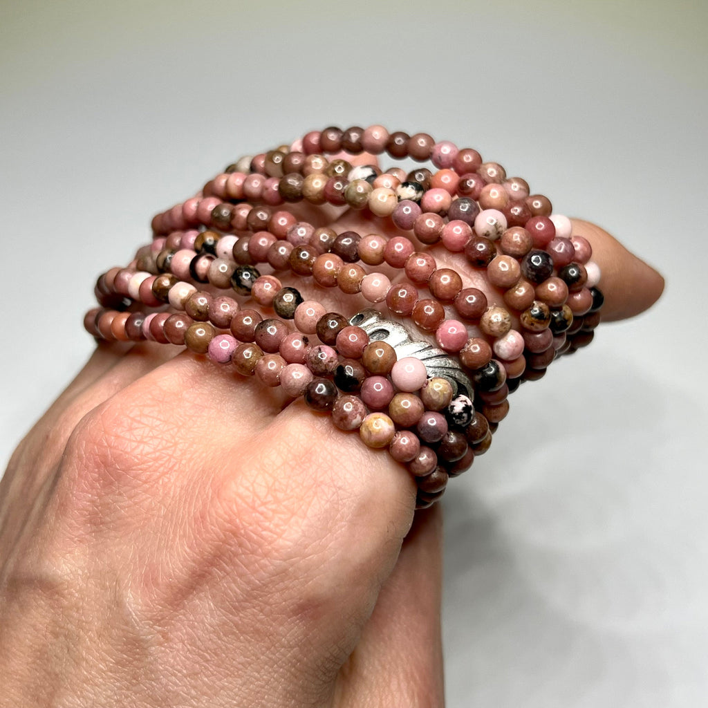 Black Vein Rhodonite Crystal Bracelet: 4mm Gemstone Beaded Bracelet