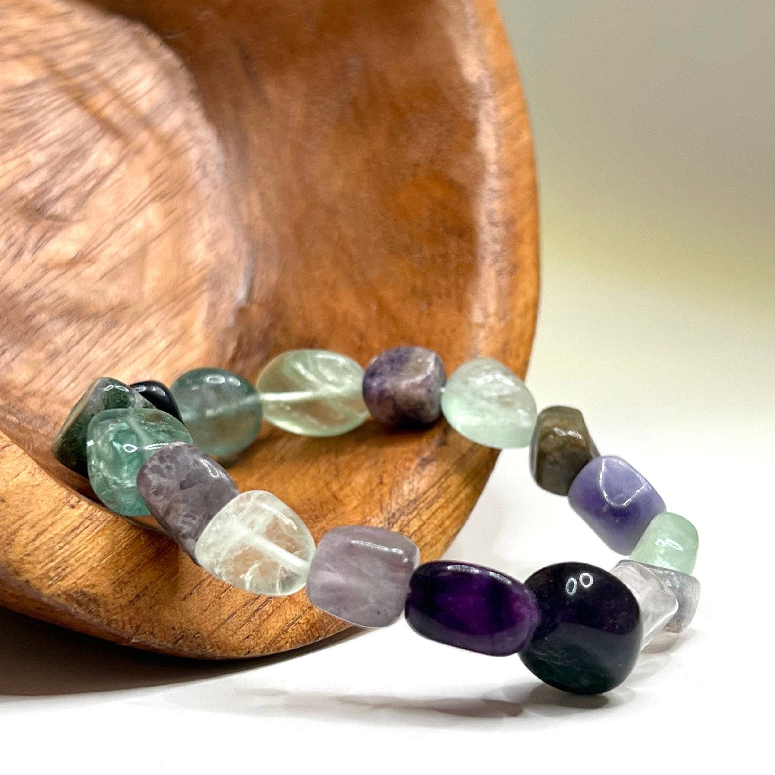 Rainbow Fluorite Crystal Bracelet, Tumbled Gemstone Beaded Bracelet