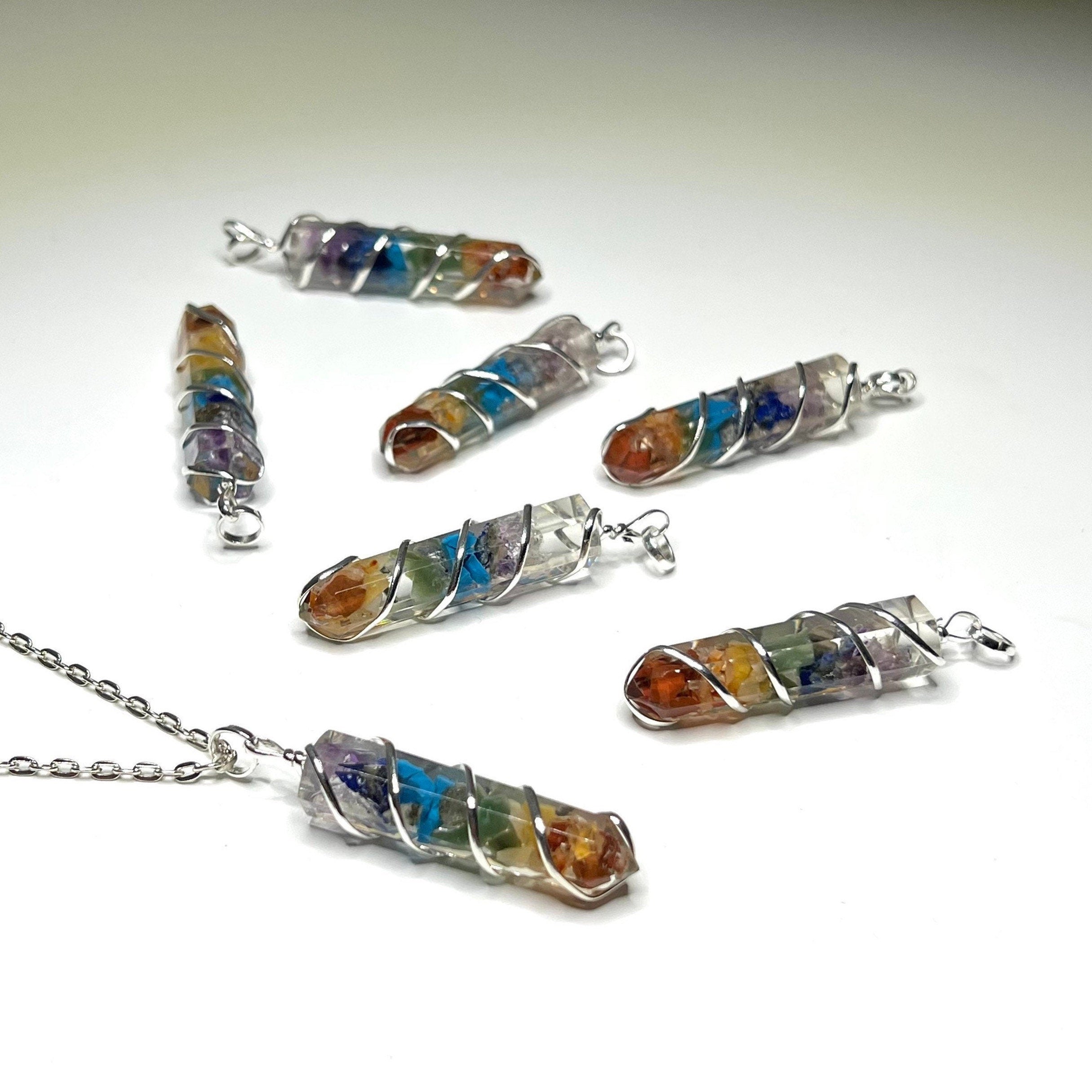 7 Chakra Stone in Orgonite Wire Wrapped Pendant Necklace