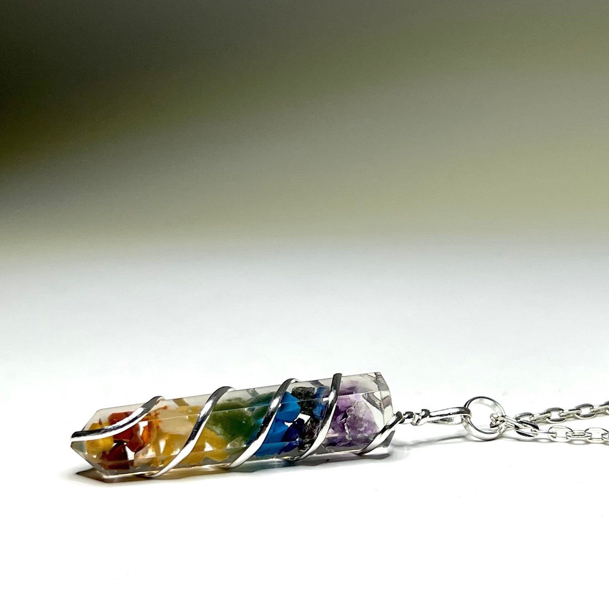 7 Chakra Stone in Orgonite Wire Wrapped Pendant Necklace