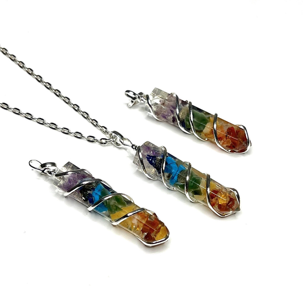 7 Chakra Stone in Orgonite Wire Wrapped Pendant Necklace