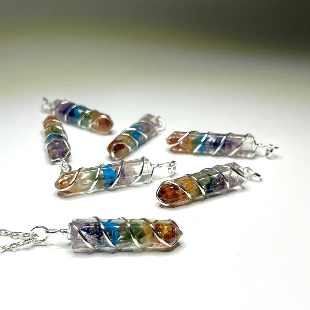 7 Chakra Stone in Orgonite Wire Wrapped Pendant Necklace