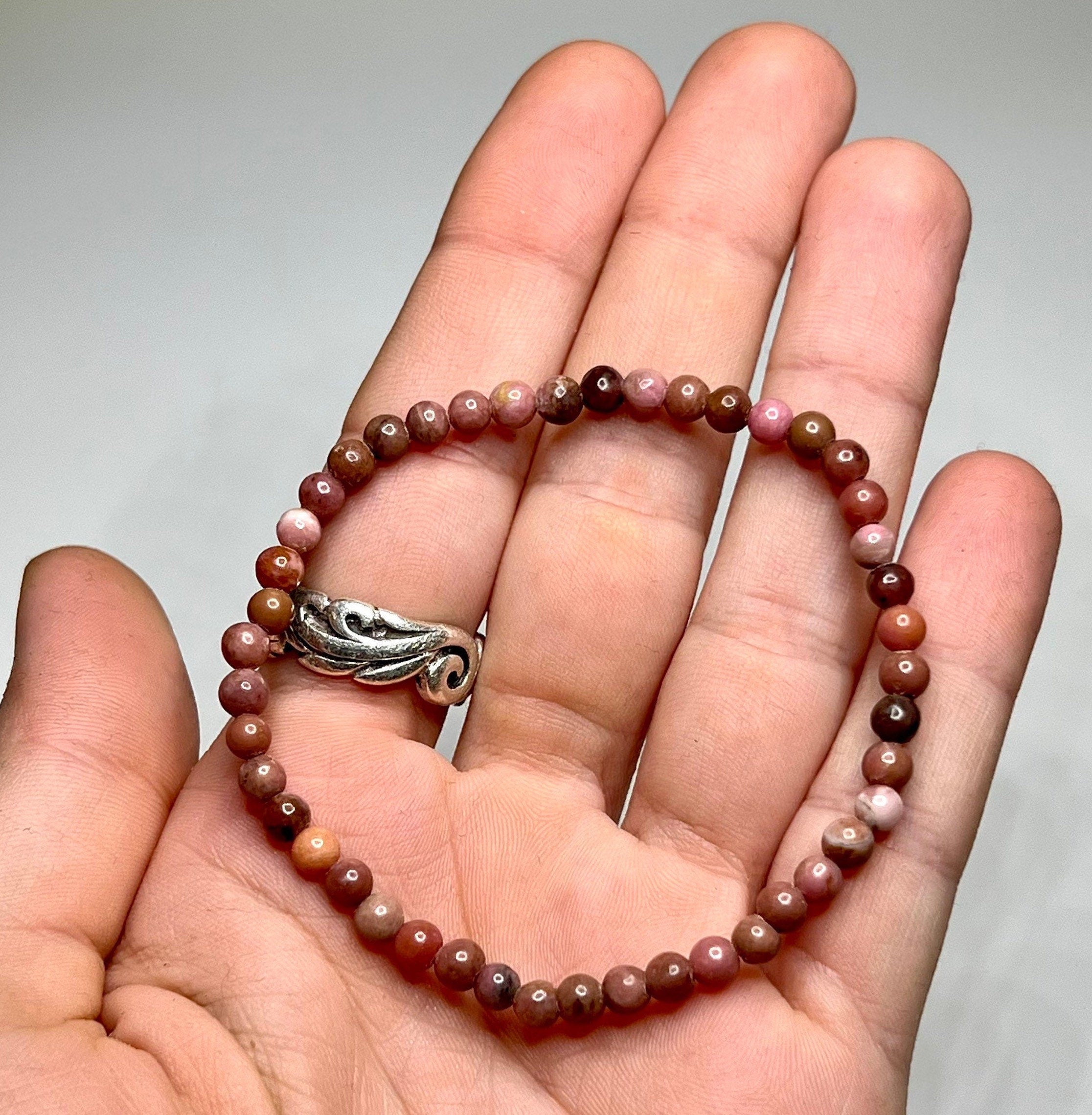 Black Vein Rhodonite Crystal Bracelet: 4mm Gemstone Beaded Bracelet