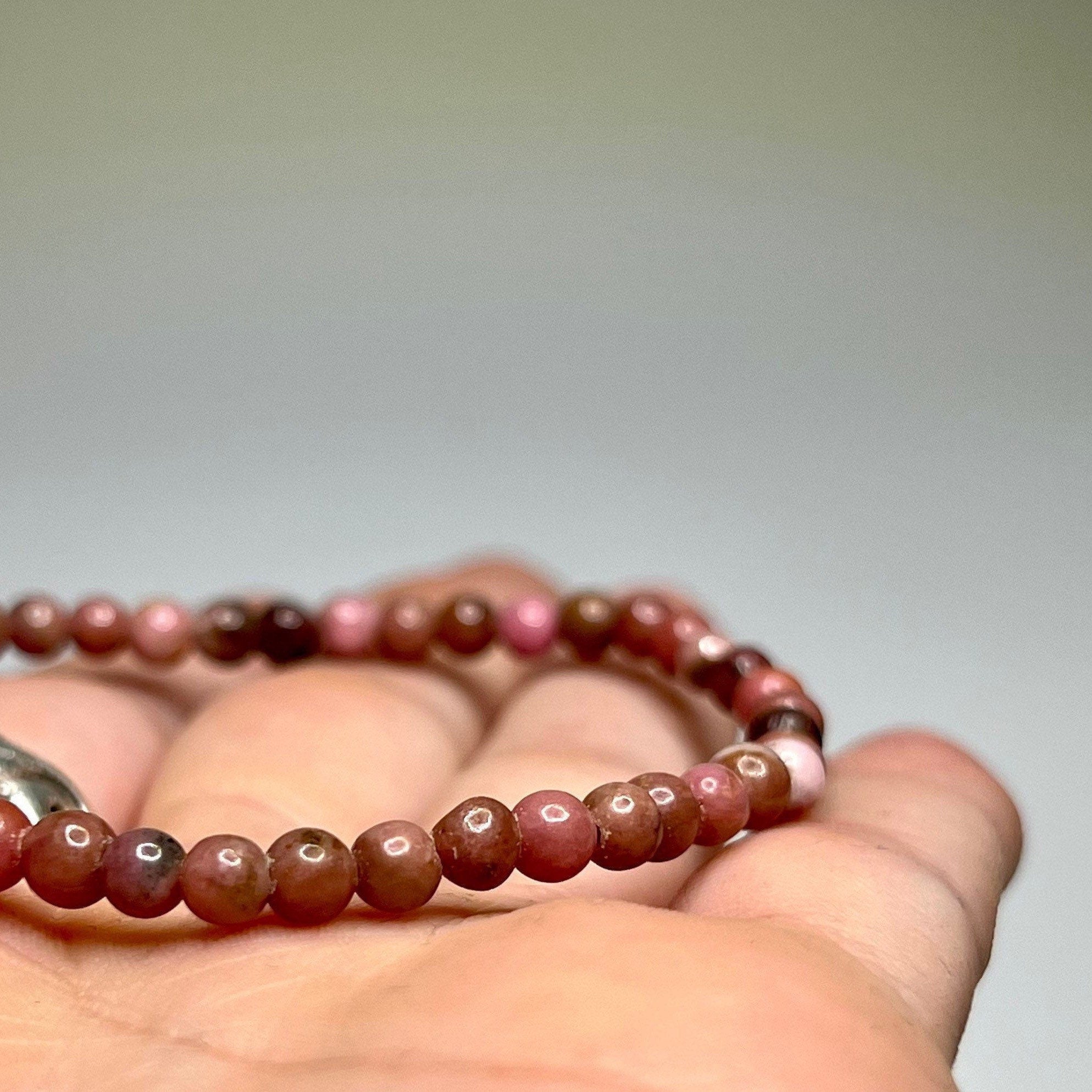 Black Vein Rhodonite Crystal Bracelet: 4mm Gemstone Beaded Bracelet