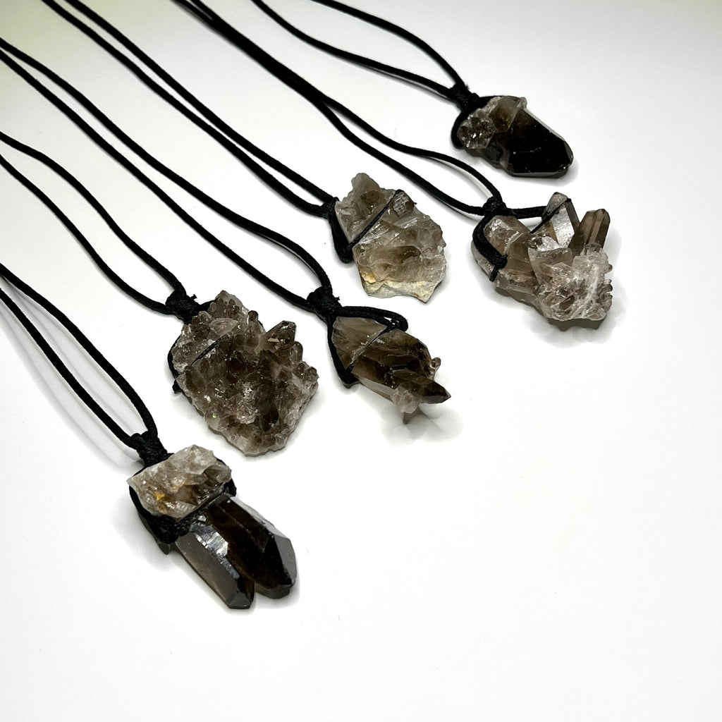 Smoky Quartz Cluster Pendant Necklace: Adjustable Cord